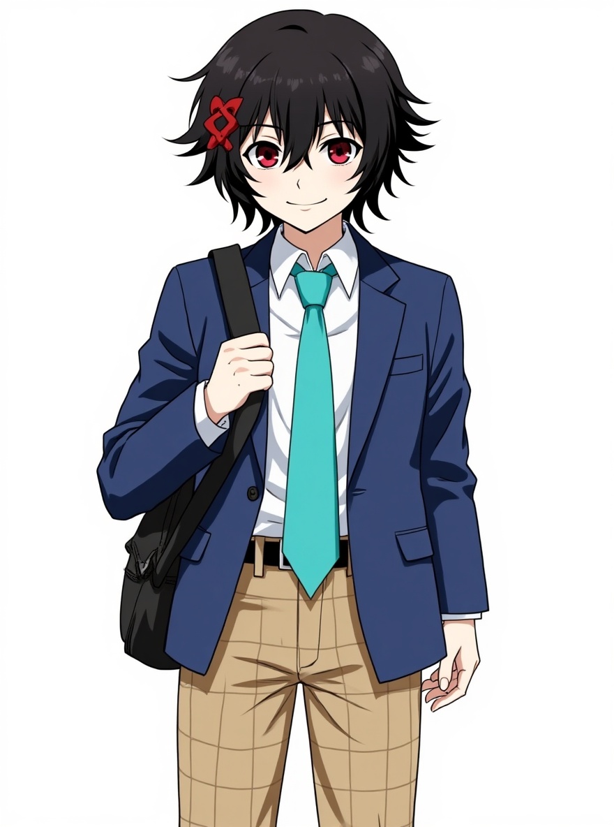 1boy, juuzou_suzuya, teen, messy black hair, smile, red eyes, red hairpin, blue blazer, turquoise tie, light brown plaid pants, backpack, heart hands, single character, full body, looking at viewer, anime style, simple background, white background