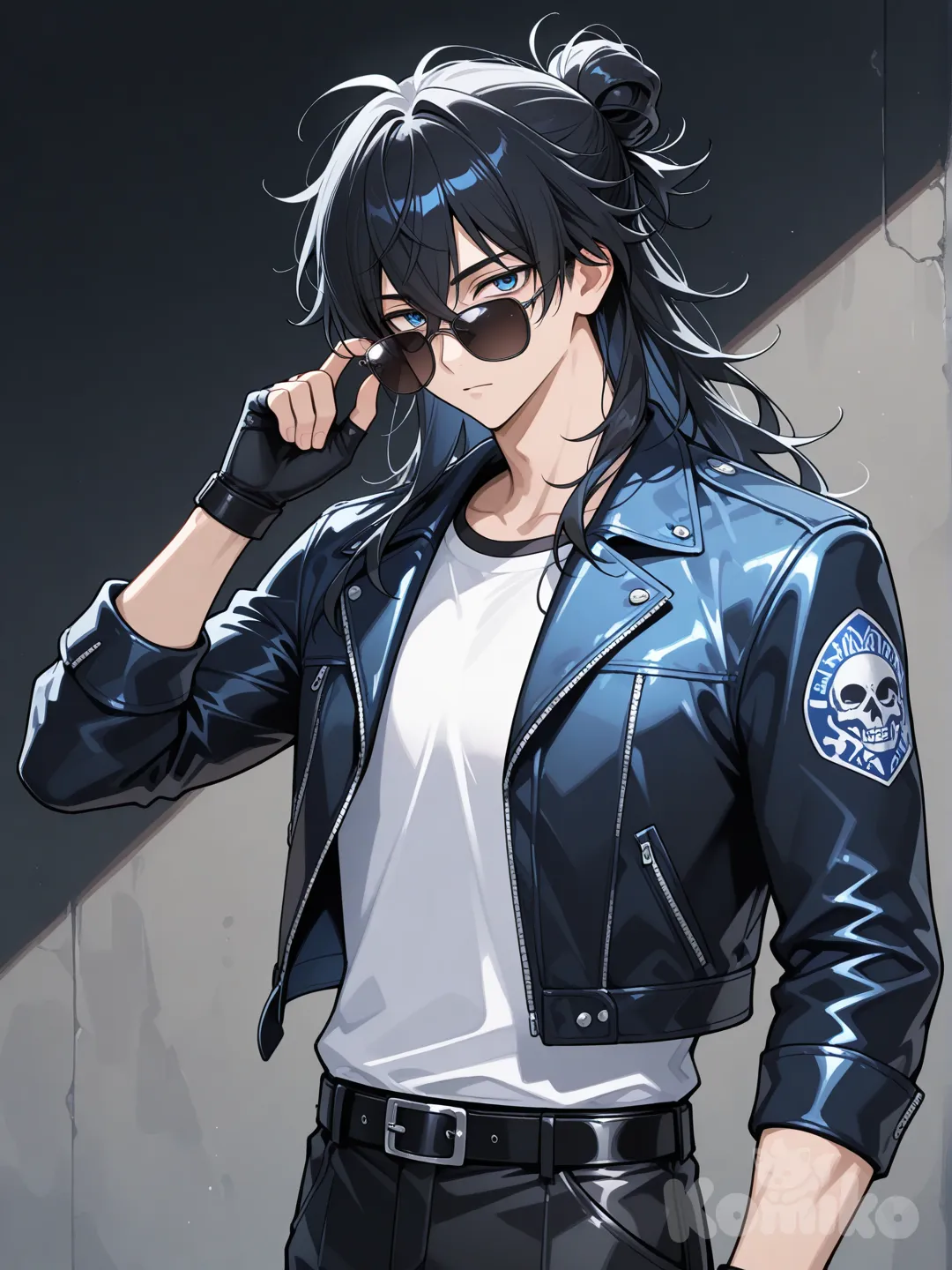 Japanese male, long black hair, messy bun, blue eyes, blue biker jacket, white undershirt, shades, black pants, shades, grabbing glasses, black fingerless gloves, upper body