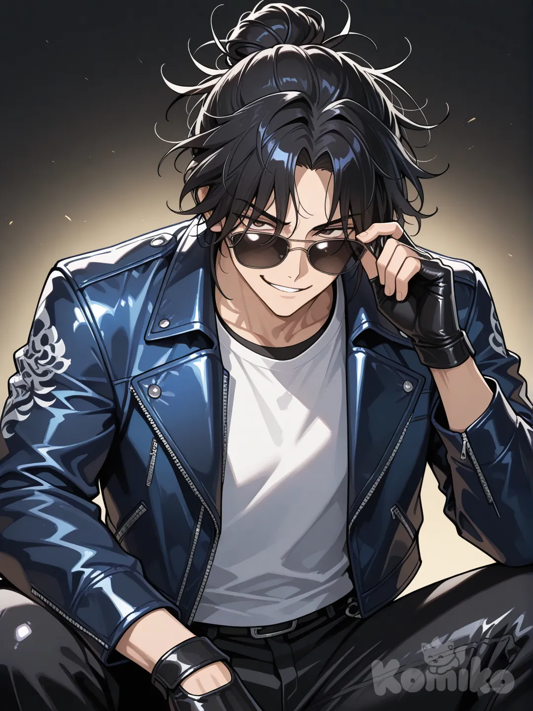 Japanese male, black hair, messy bun, blue biker jacket, white undershirt, shades, smirk, black pants, shades, grabbing glasses, black fingerless gloves