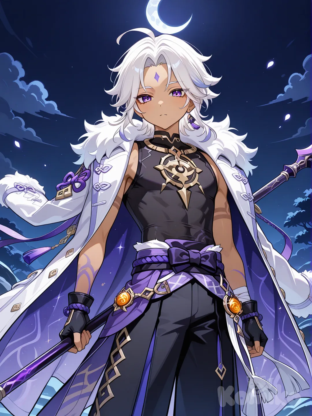 young japanese male, white hair, purple eyes, tan skin, white trench coat, black pants, moon crest, black fingerless gloves, fur trim, male, crescent moon forehead tattoo, black tight shirt, full moon background, genshin style, holding polearm