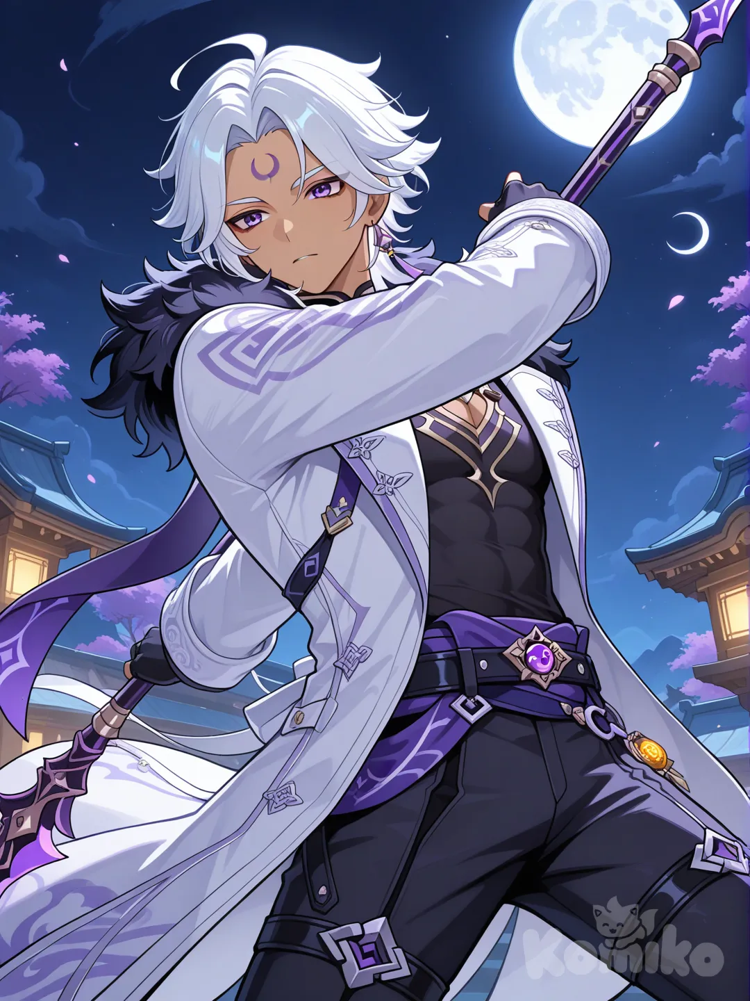 Japanese male, white hair, purple eyes, tan skin, white trench coat, black pants, moon crest, black fingerless gloves, fur trim, male, crescent moon forehead tattoo, black tight shirt, full moon background, genshin style, holding polearm