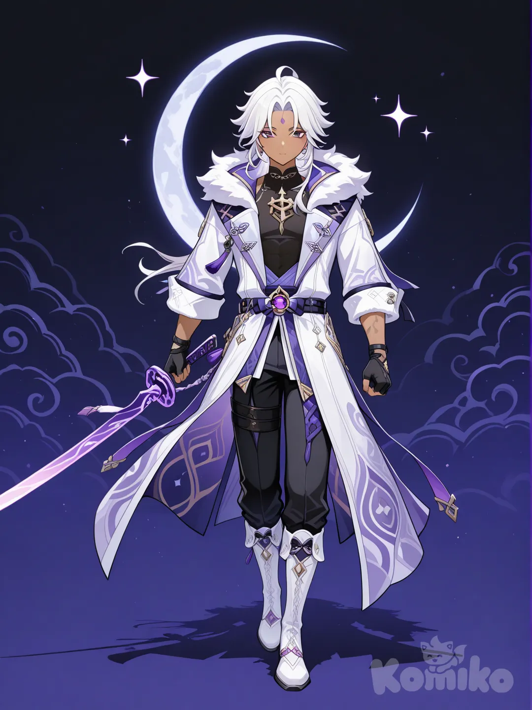 Japanese male, white hair, purple eyes, tan skin, white trench coat, black pants, moon crest, black fingerless gloves, fur trim, male, crescent moon forehead tattoo, black tight shirt, full moon background, genshin style, holding sword, white boots, walking