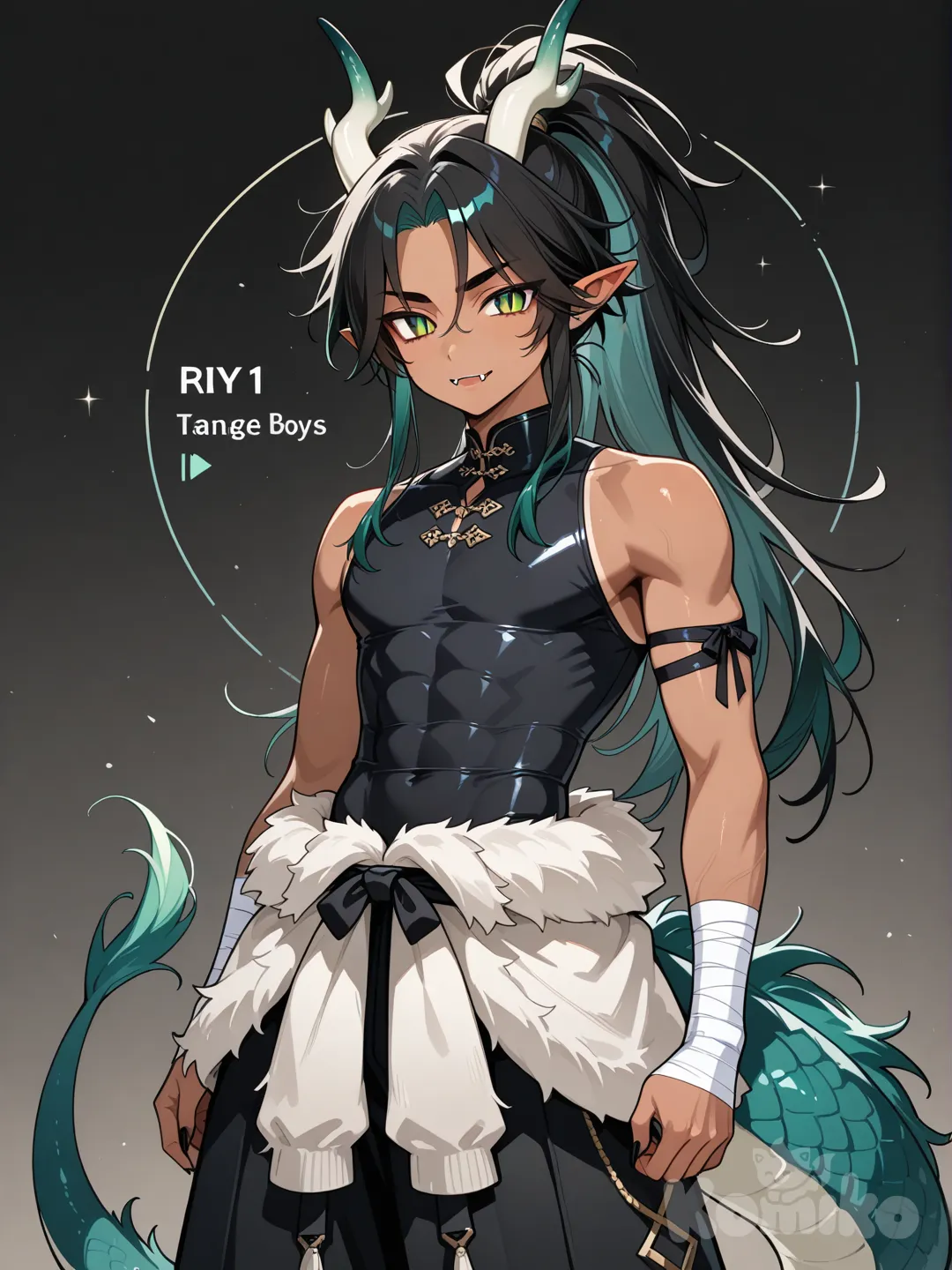 teen male, pointy ears, dragon horns, dragon tail, tan skin, green eyes, dragonic eyes, high ponytail, black sleeveless skin tight shirt, black baggy pants, long black hair, white fur pelt around waist, upper body, arm bandages, sharp fingernails, fangs