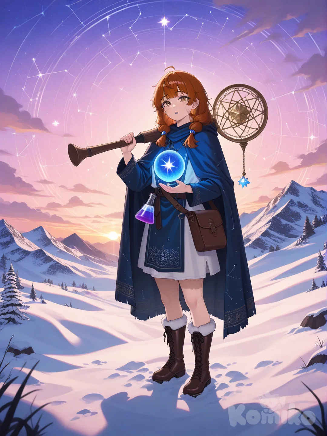 A hyper-photorealistic 8K portrait of a non-binary nomadic astronomer with sun-bleached auburn locs woven with tiny glowing star-shaped beads, amber eyes flecked with iridescent silver, and a constellation of freckles spanning their high cheekbones, wearing a tattered indigo linen cloak lined with soft wolf fur that billows gently in a crisp mountain breeze, layered over a hand-stitched cotton tunic dyed with natural indigo and embroidered with celestial patterns in gold thread, paired with faded leather breeches tucked into weathered wool-lined boots scuffed from years of traversing rocky terrain—they stand atop a snow-dusted plateau at twilight, with the first stars piercing a gradient sky of deep violet, rose pink, and burnt orange, holding a brass astrolabe etched with ancient star maps that glows faintly with ethereal blue light, their calloused fingers brushing the cold metal as they gaze upward in wonder, a leather satchel slung over one shoulder filled with rolled parchment star charts, dried herbs, and a chipped clay flask, surrounded by scattered smooth stones painted with glowing constellations, a small woolen tent pitched nearby with its entrance fluttering open to reveal a bed of dried moss and a pile of dog-eared astronomical texts, a loyal shaggy husky with one blue eye and one brown eye curled at their feet, nose tucked under its tail, while distant snow-capped mountain peaks loom against the horizon, wispy clouds drift lazily across the sky, and the faint glow of the Milky Way begins to shimmer above—every detail rendered with microscopic precision: the texture of wind-chapped lips parted slightly, the faint scar on their jawline from a childhood fall, the way light catches the moisture in their eyes, the frayed edges of their cloak, the dusting of snow on their eyelashes, the intricate engravings on the astrolabe, the individual strands of fur on the husky, the rough texture of the plateau’s stone surface, the subtle translucency of the clouds, and the soft ambient light reflecting off the snow—cinematic lighting, golden hour warmth mixed with cool twilight hues, dramatic shadows, shallow depth of field, ultra-realistic skin texture, photorealistic fabric folds, natural hair movement, atmospheric haze, hyperdetailed background elements, trending on ArtStation, Unreal Engine 5 render, octane render, photorealistic materials, intricate details, lifelike expressions, immersive composition.