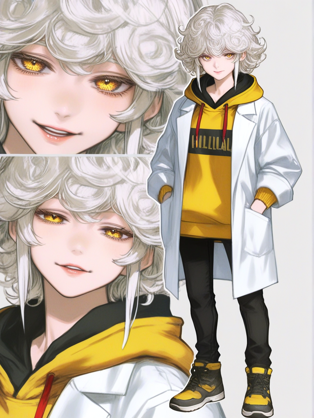 [semi-realistic-portrait-style] 1girl, helltalker style, adolescent, short curly hair, white hair tips, golden eyes, black and yellow hoodie labcoat, beautiful, gentle expression, single character, full body, looking at viewer, simple background, white background