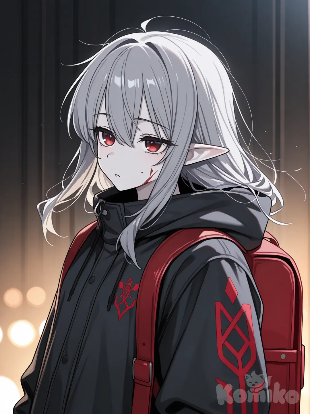 uma elfa pele branca linda olhos vermelho como sangue ,cabelo cinza , casaco com capuz estampa de escritura de runas vermelho e cinza e preto, ela tem mochila , estilo anime meio realista ,ambient light, backlight, cinematic lighting, stage light, [toon-shaded-style]