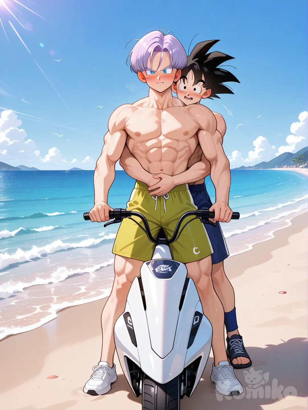 Trunks and Goten riding along beach
