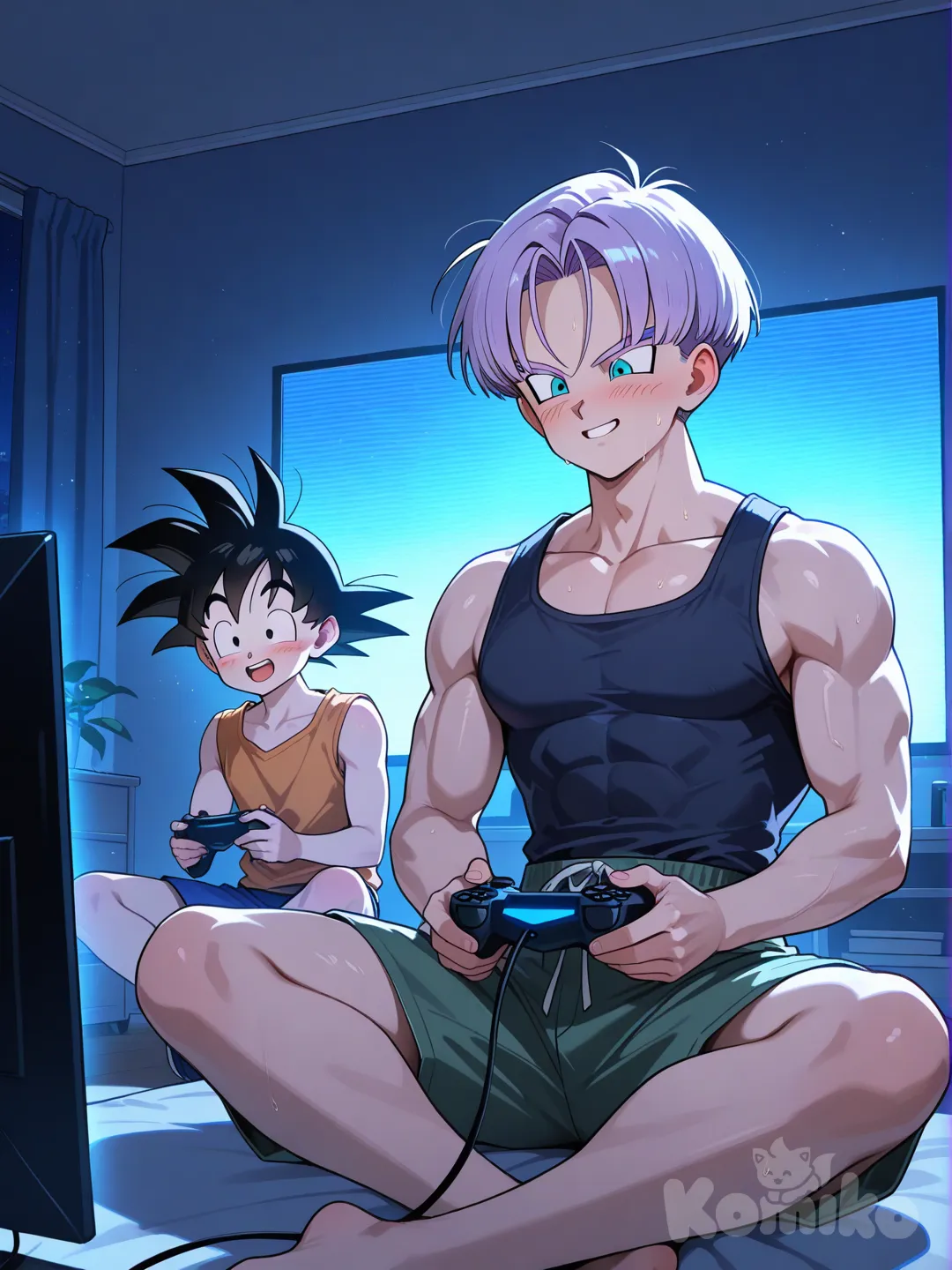 Trunks and Goten playing video games