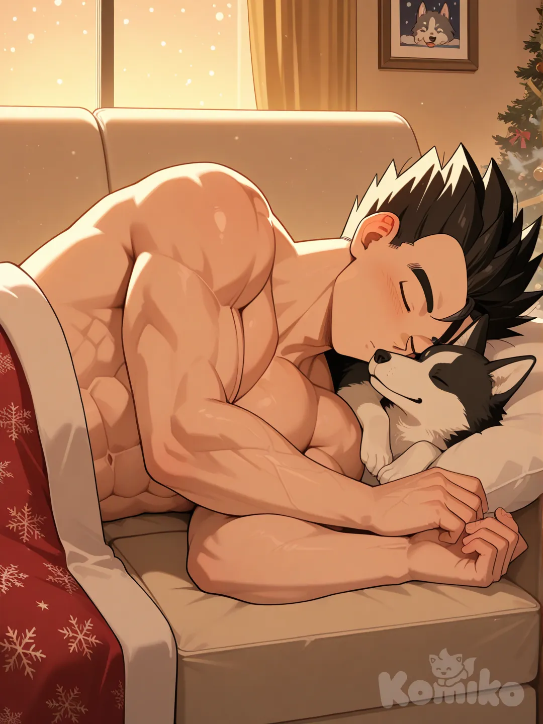 Gohan napping with husky