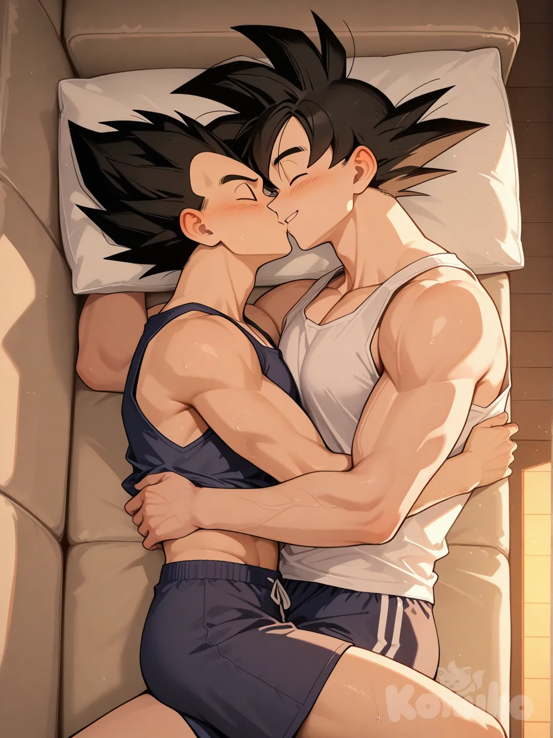 Goku and Vegeta kissing on couch