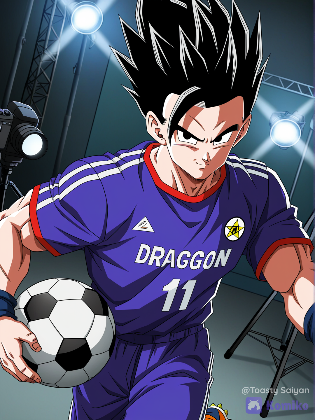 dragon ball z art style, boy, muscular @Son_Gohan posing as soccer star during photoshoot at photography studio, holding ball under arm, wearing tight soccer shirt and shorts and cleats, cameras and lighting nearby, closeup, upper body[bold-anime-screencap-style]