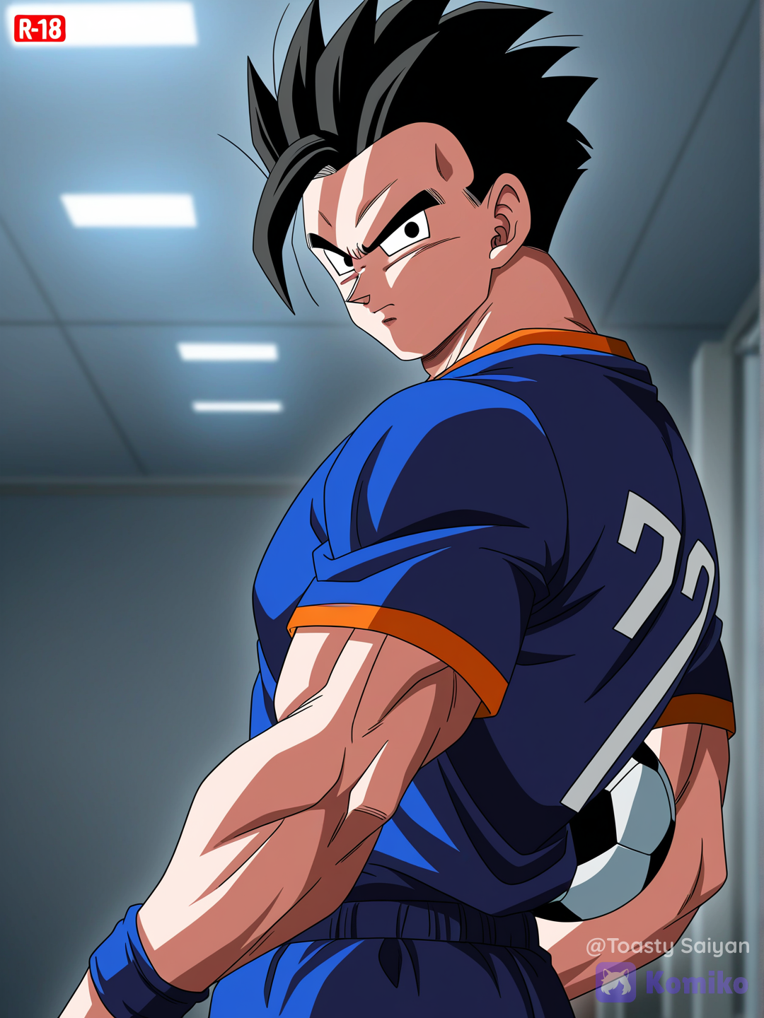 dragon ball z art style, boy, muscular @Son_Gohan posing as soccer star during photoshoot at photography studio, holding ball under arm, wearing skin tight soccer shirt, short shorts, cleats, cameras and lighting nearby, closeup, upper body, from side, looking at viewer, serious expression[bold-anime-screencap-style]