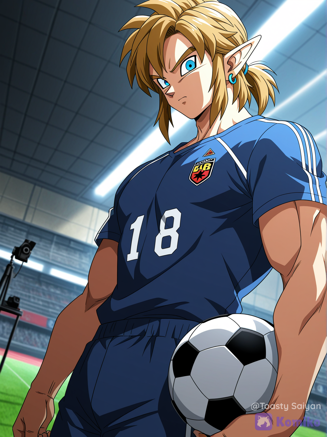 dragon ball z art style, boy, muscular @Link posing as soccer star during photoshoot at photography studio, holding ball under arm, wearing skin tight soccer shirt, short shorts, cleats, cameras and lighting nearby, closeup, upper body, from side, looking at viewer, serious expression[bold-anime-screencap-style]