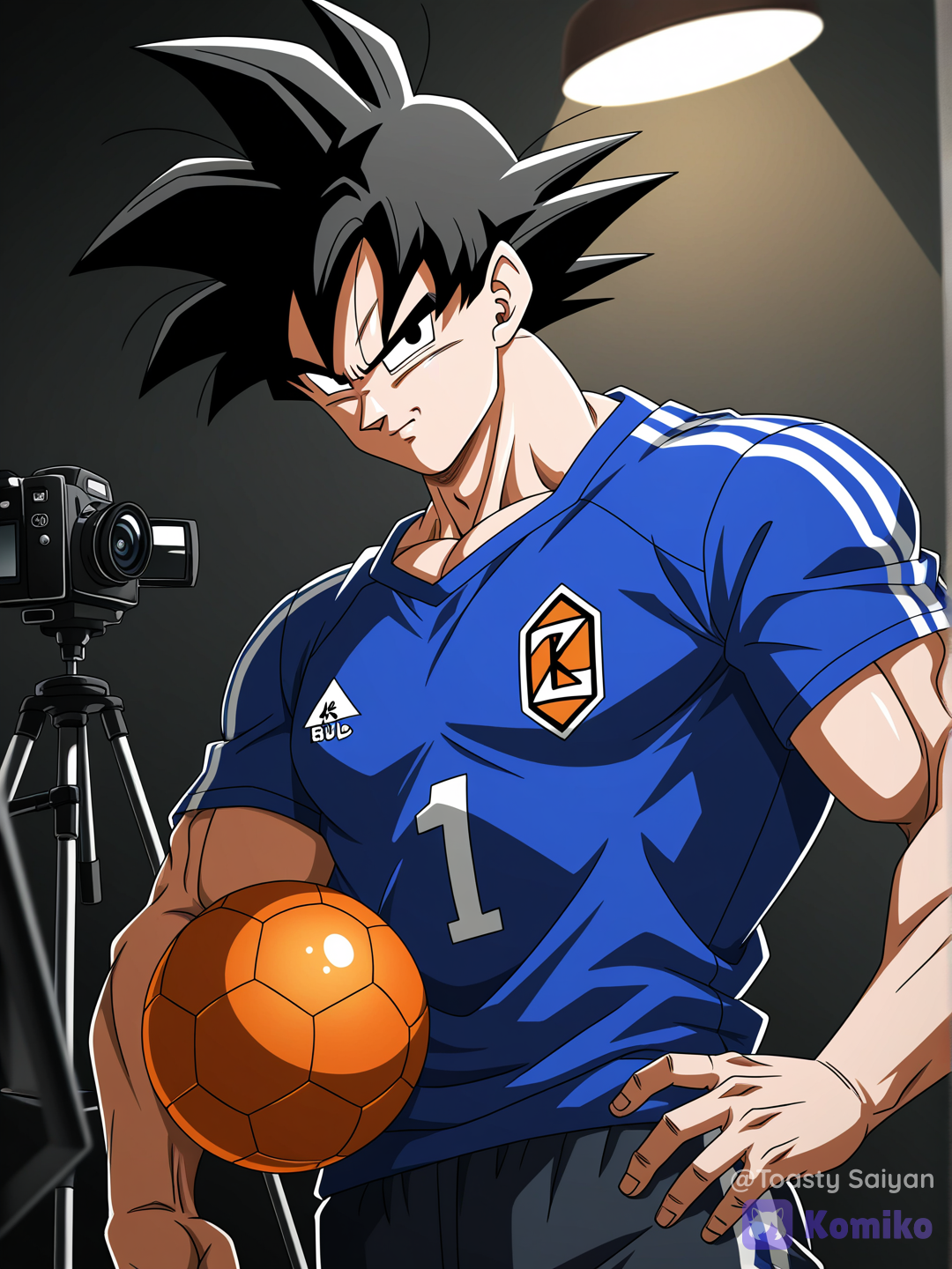 dragon ball z art style, boy, muscular @Link posing during photoshoot at photography studio, holding ball under arm, wearing skin tight soccer shirt, short shorts, cleats, cameras and lighting nearby, closeup, upper body, from side, looking at viewer, confident expression[bold-anime-screencap-style]