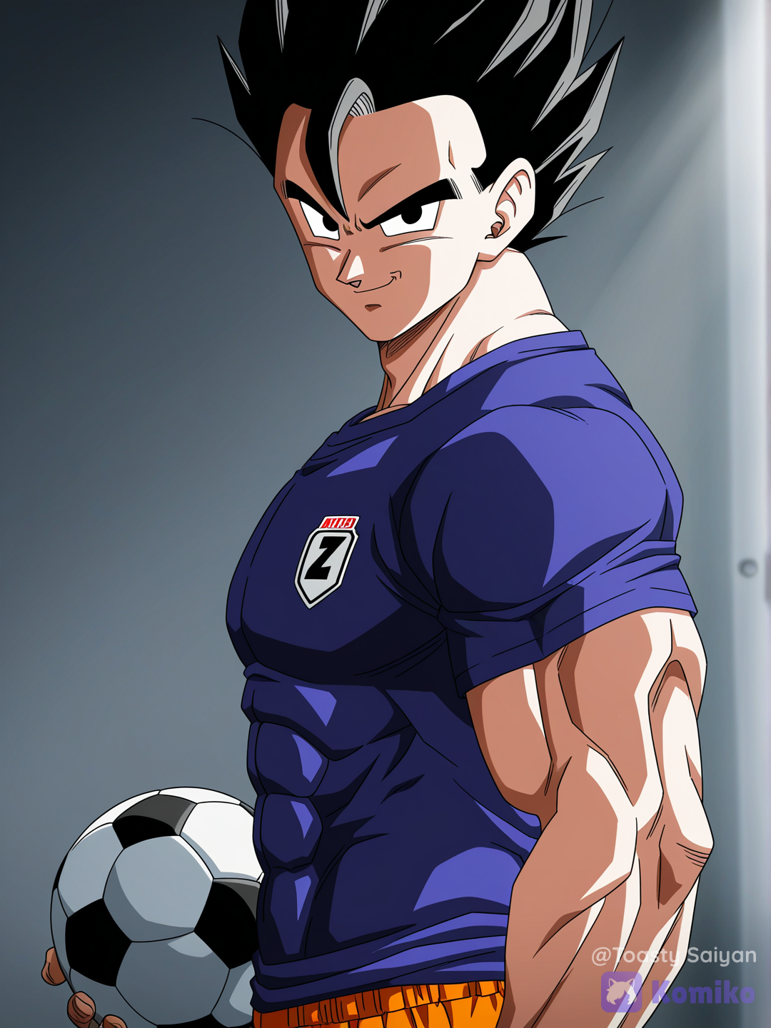 dragon ball z art style, boy, muscular @Son_Gohan posing during photoshoot at photography studio, holding ball under arm, wearing skin tight soccer shirt, short shorts, cleats, cameras and lighting nearby, closeup, upper body, from side, looking at viewer, confident expression[bold-anime-screencap-style]