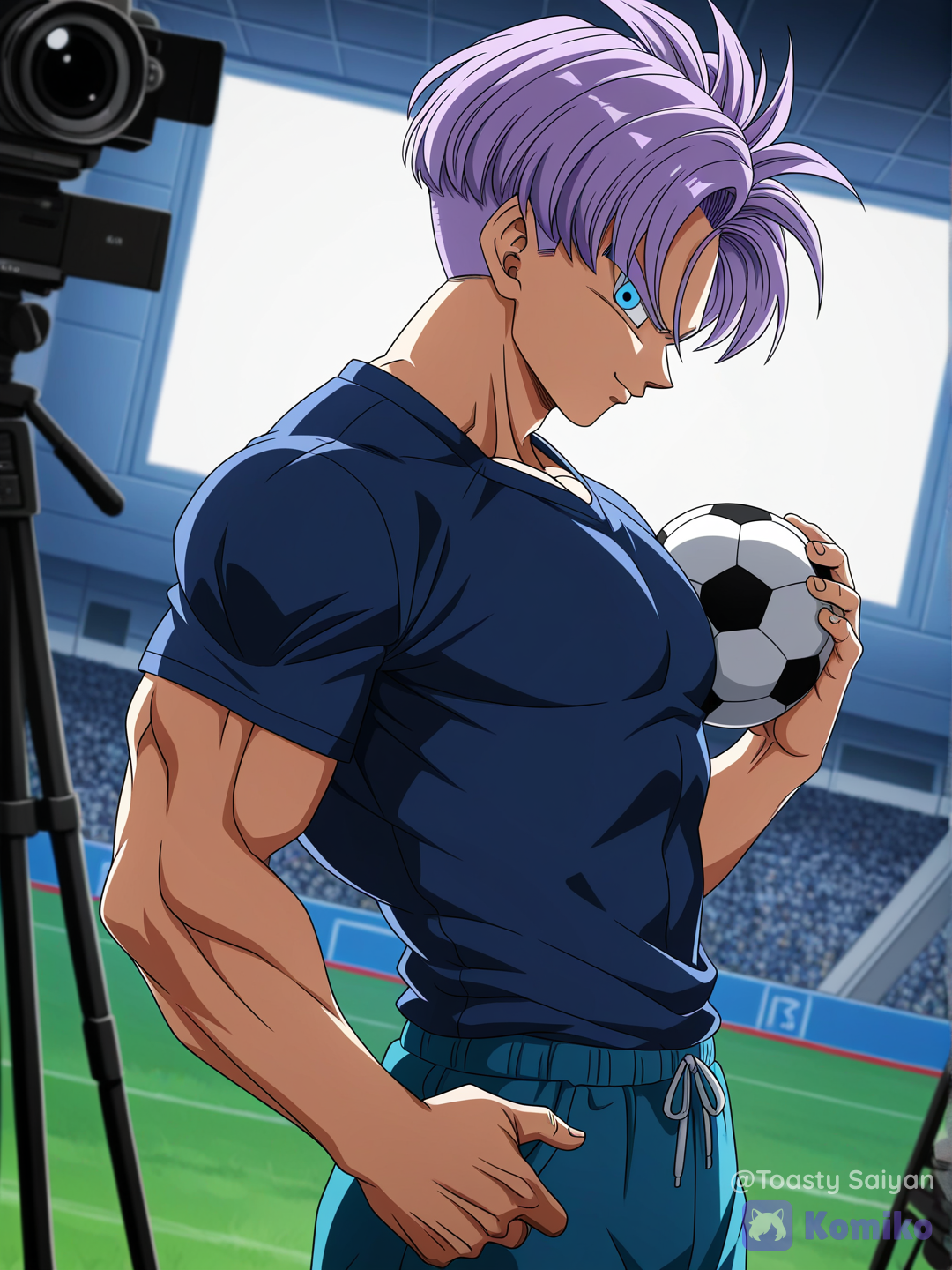 dragon ball z art style, boy, muscular @Trunks_(Future)_(Dragon_Ball) posing during photoshoot at photography studio, holding ball under arm, wearing skin tight soccer shirt, short shorts, cleats, cameras and lighting nearby, closeup, upper body, from side, looking at viewer, confident expression[bold-anime-screencap-style]