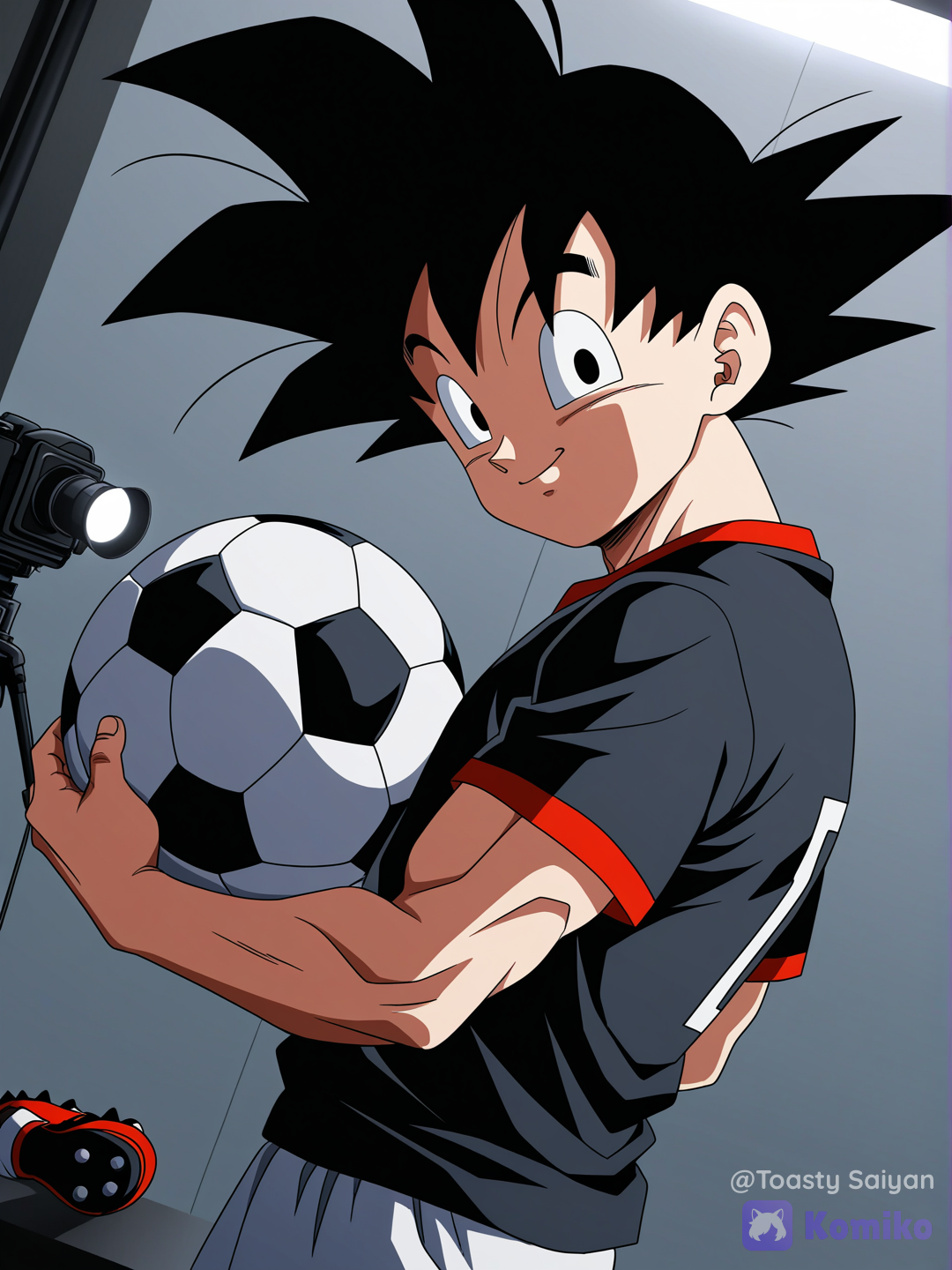 dragon ball z art style, 1boy, muscular young @Son_Goten posing during photoshoot at photography studio, holding ball under arm, wearing skin tight soccer shirt, short shorts, cleats, cameras and lighting nearby, closeup, upper body, from side, looking at viewer, confident expression[bold-anime-screencap-style]