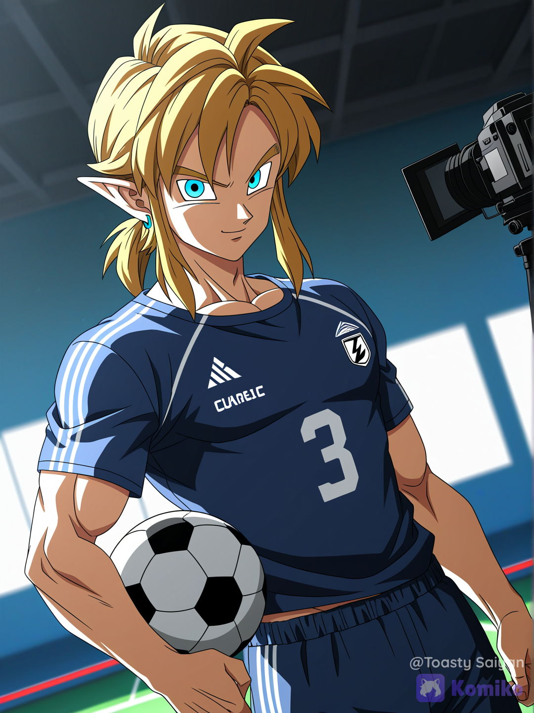dragon ball z art style, 1boy, muscular @Link posing during photoshoot at photography studio, holding ball under arm, wearing skin tight soccer shirt, short shorts, cleats, cameras and lighting nearby, closeup, upper body, from side, looking at viewer, confident expression[bold-anime-screencap-style]