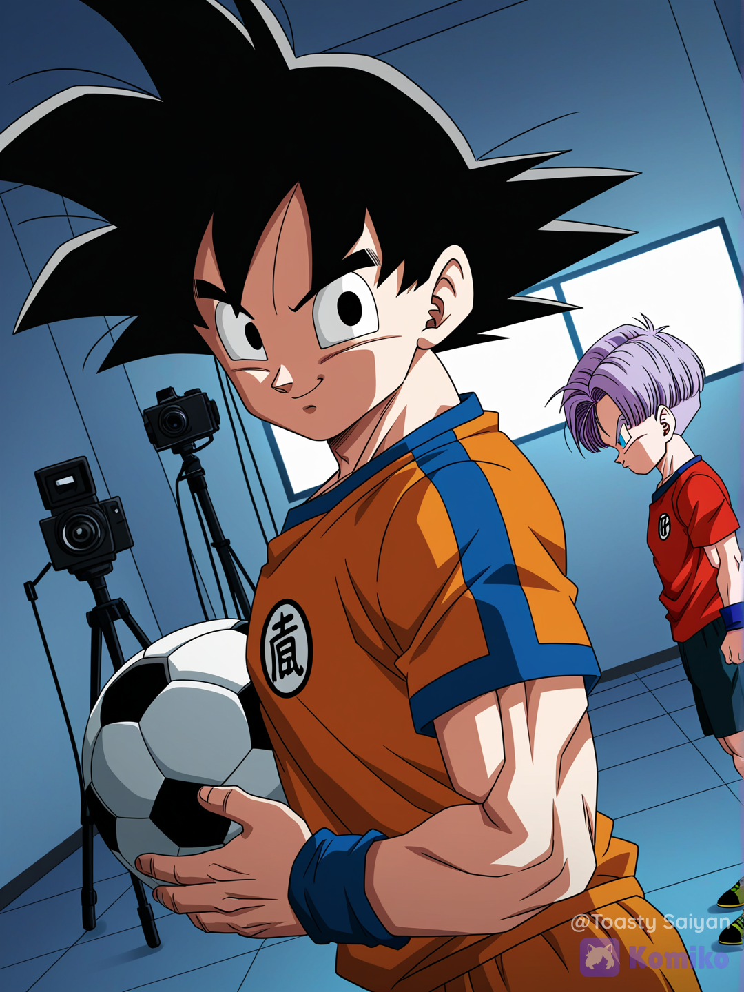dragon ball z art style, 2boys, muscular child @Trunks_(Future)_(Dragon_Ball) and @Son_Goten posing during photoshoot at photography studio, holding ball under arm, wearing skin tight soccer shirt, short shorts, cleats, cameras and lighting nearby, closeup, upper body, from side, looking at viewer, confident expression[bold-anime-screencap-style]