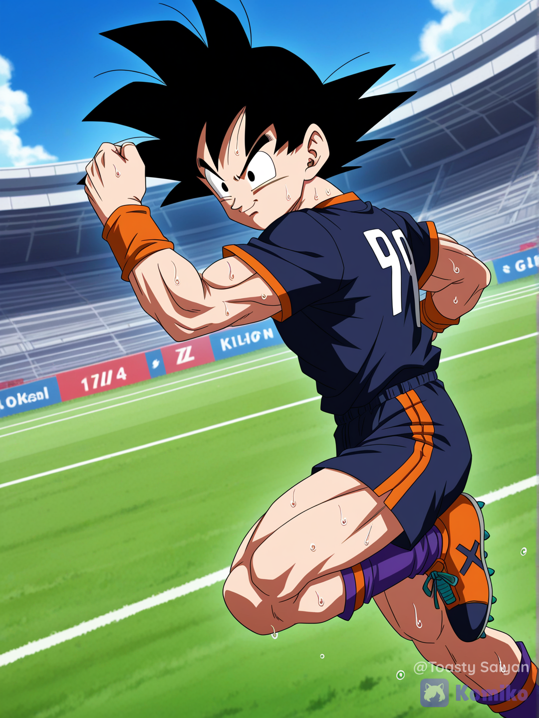dragon ball z art style, 1boy, muscular @Son_Goten running down soccer field, wearing skin tight soccer shirt, short shorts, cleats, inside stadium, from side, sweaty, confident expression, motion blur[bold-anime-screencap-style]