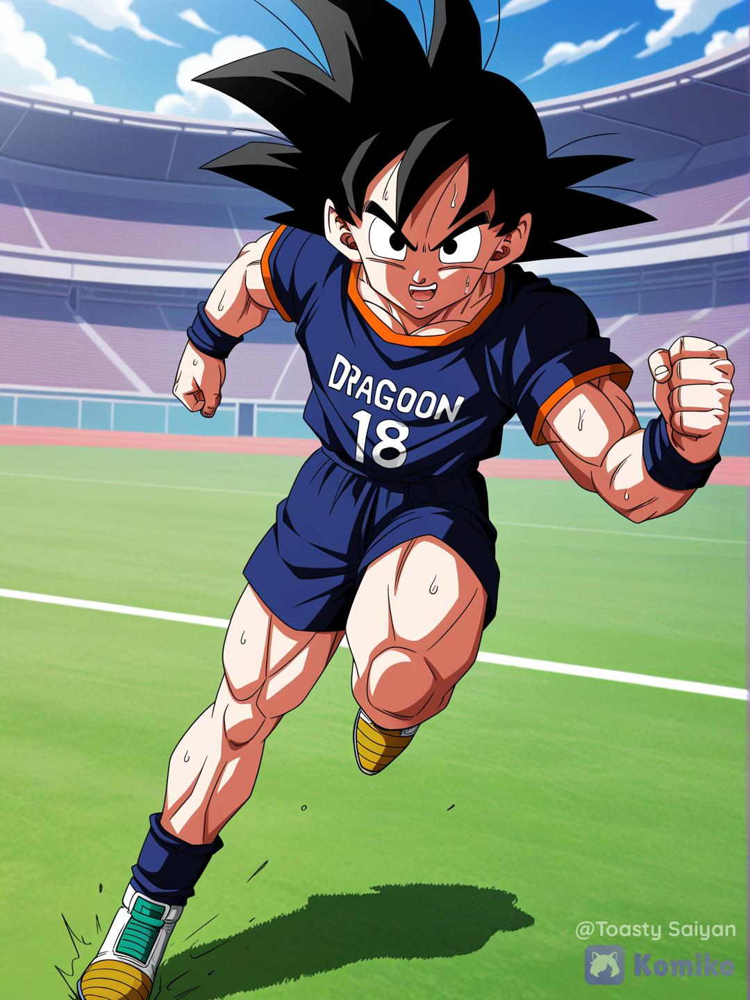 dragon ball z art style, 1boy, muscular @Son_Goten running down soccer field, wearing skin tight soccer shirt, short shorts, cleats, inside stadium, from front, sweaty, confident expression, motion blur[bold-anime-screencap-style]