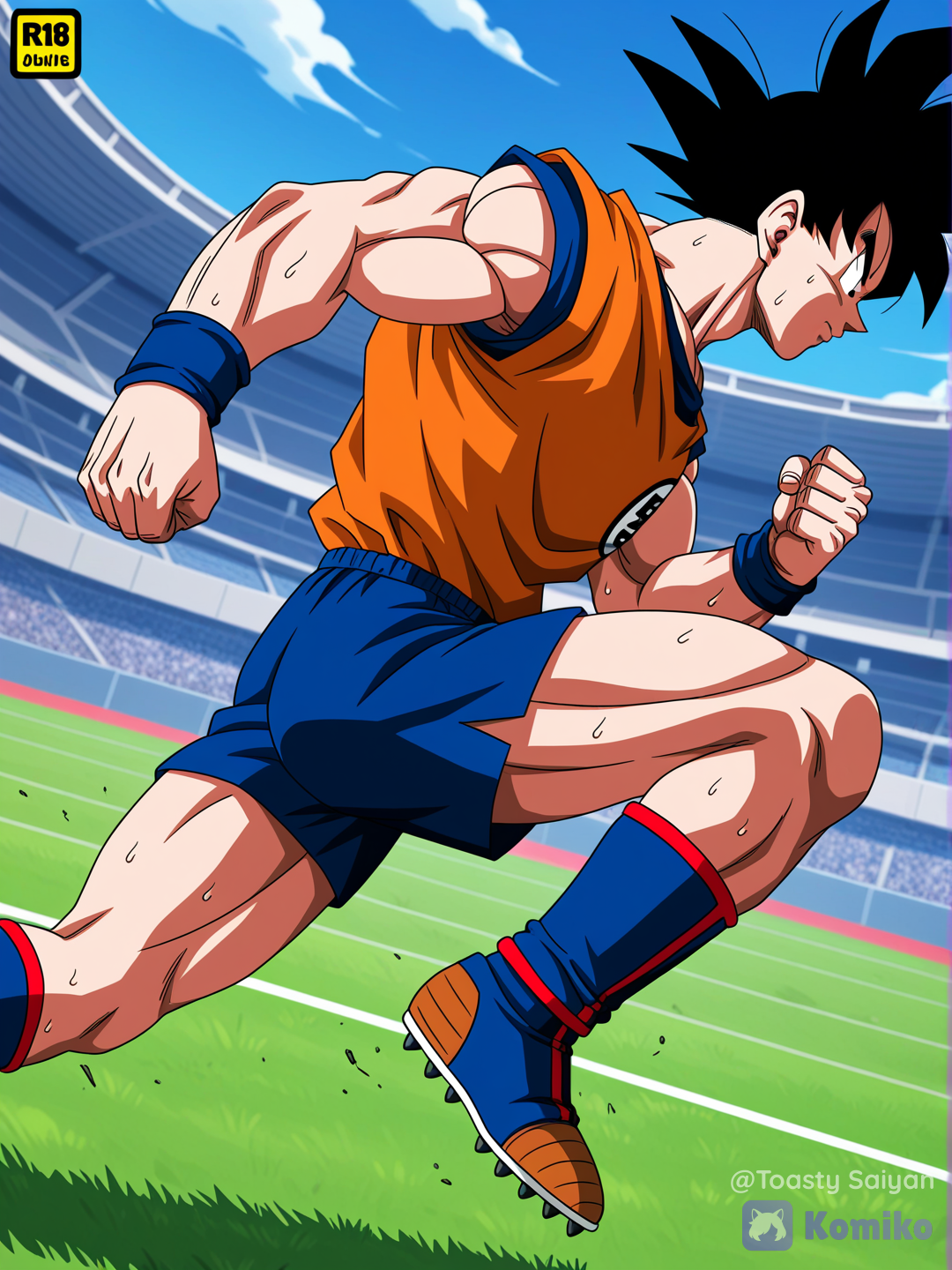 dragon ball z art style, 1boy, muscular @Son_Goku running down soccer field, wearing skin tight soccer shirt, short shorts, cleats, inside stadium, from side, sweaty, confident expression, motion blur[bold-anime-screencap-style]