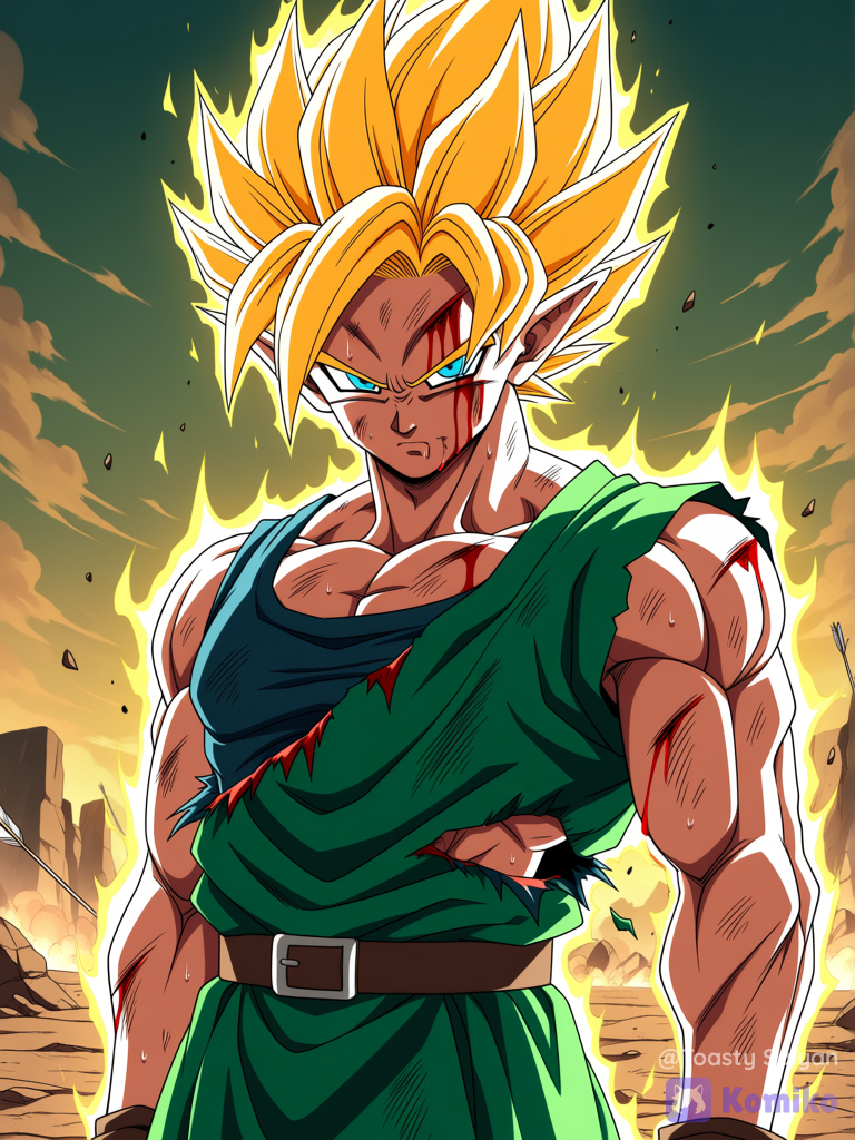 dragon ball z art style, 1boy, very muscular super saiyan @Link, serious expression, outside, wearing tattered tank top hero tunic, extremely dirty, sweaty, bruised, covered in blood and ash, shot with arrows, glowing aura, upper body, closeup[bold-anime-screencap-style]