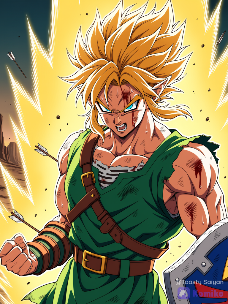 dragon ball z art style, 1boy, very muscular super saiyan @Link, powering up, yelling, outside, wearing tattered tank top hero tunic, extremely dirty, sweaty, bruised, covered in blood and ash, burned, shot with arrows, glowing aura, upper body, closeup[bold-anime-screencap-style]