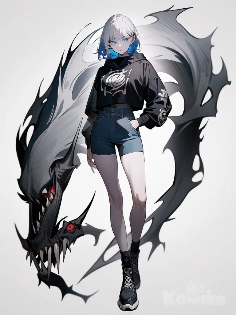 1girl, Jujutsu Kaisen style, original character, demon, teenager, tall, slim, black hair, white hair, off-white hair, blue hair, blue eyes, gray eyes, scar, pale skin, single character, full body, looking at viewer, simple background, white background