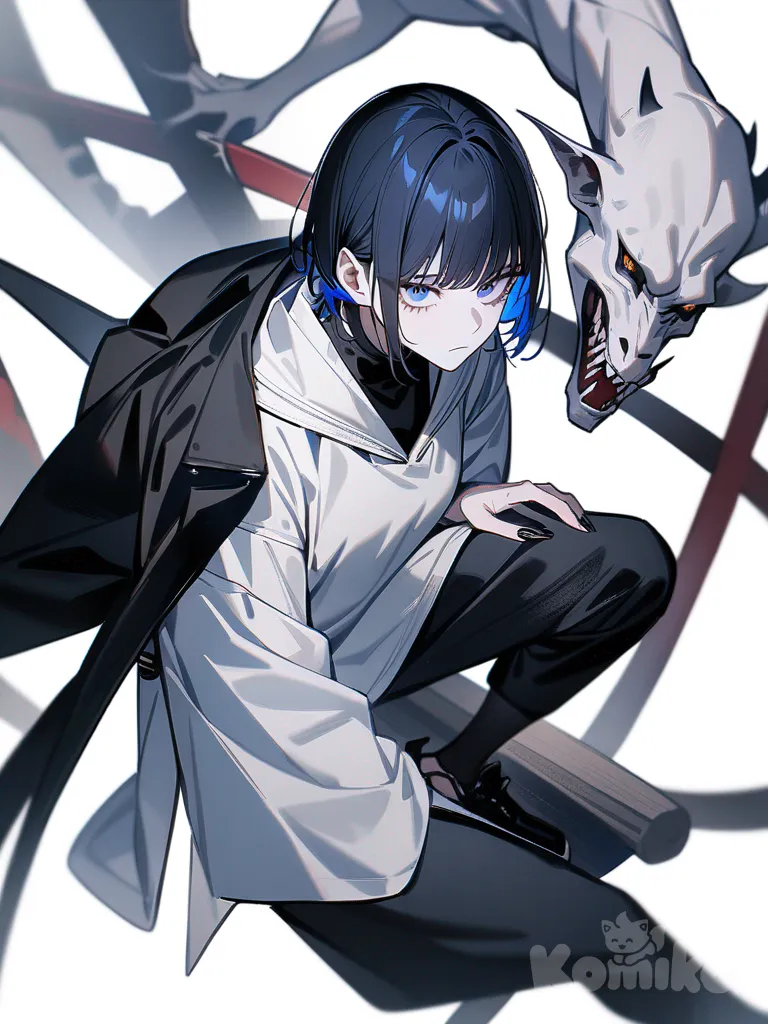 1girl, Jujutsu Kaisen style, original character, demon, teenager, tall, slim, black hair, white hair, off-white hair, blue hair, blue eyes, gray eyes, scar, pale skin, single character, full body, looking at viewer, simple background, white background