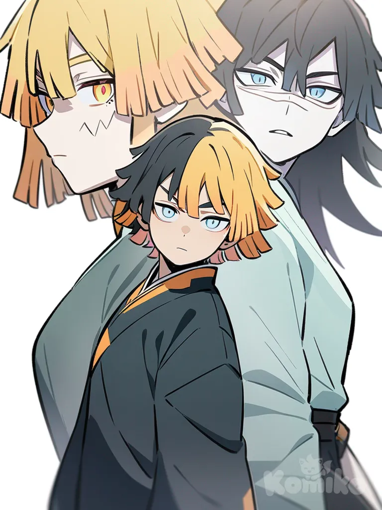 1boy, zenitsu, 1girl, kaigaku, pastel colors, demon slayer style, original character, teenager, tall, slim, black hair, blonde hair, blue eyes, scar, pale skin, single character, full body, looking at viewer, anime style, simple background, white background