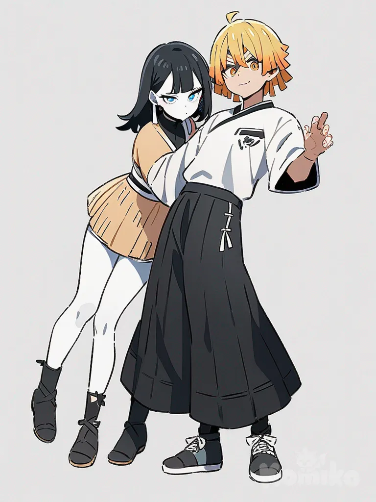 1boy, zenitsu, 1girl, kaigaku, pastel colors, demon slayer style, original character, teenager, tall, slim, black hair, blonde hair, blue eyes, scar, pale skin, single character, full body, looking at viewer, anime style, simple background, white background