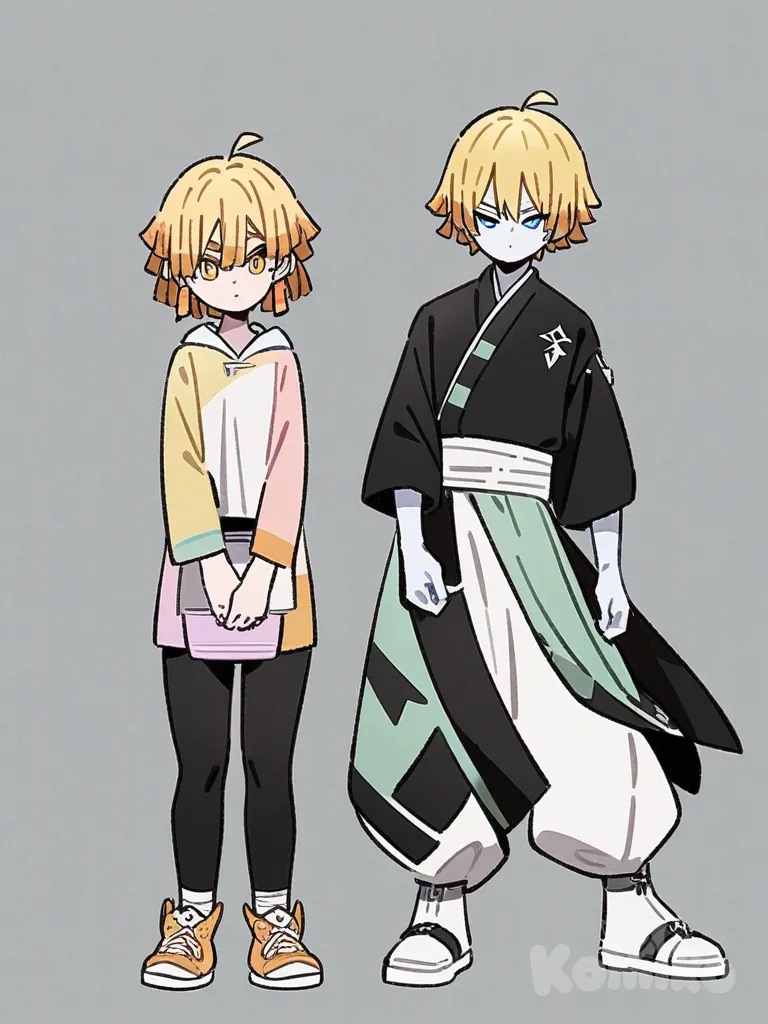 1boy, zenitsu, 1girl, kaigaku, pastel colors, demon slayer style, original character, teenager, tall, slim, black hair, blonde hair, blue eyes, scar, pale skin, single character, full body, looking at viewer, anime style, simple background, white background