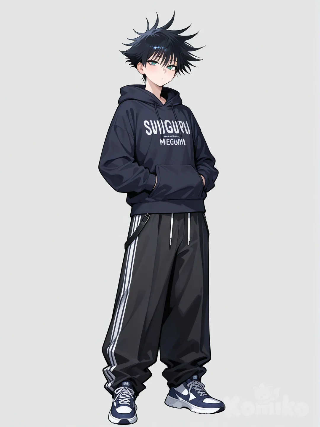 Fushiguro Megumi, [glossy-anime-style], hands in pockets, hoodie, wide-leg pants, full body