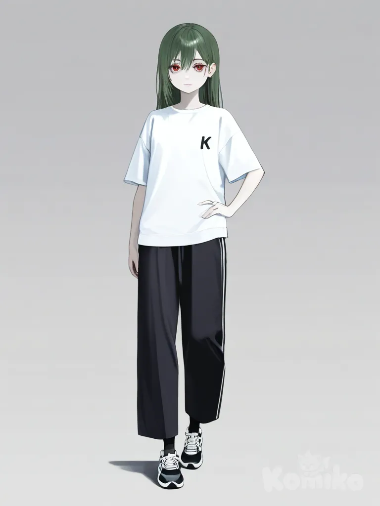 1girl, jujutsu kaisen style, scissors seven style, semi-realistic, teenager, tall, slim, green hair, red eyes, pale skin, single character, full body, looking at viewer, simple background, white background