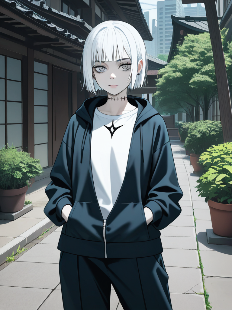 1girl, cyberpunk, Jujutsu Kaisen style, original character in the world of Jujutsu Kaisen, Naruto style, original character in the world of Naruto, Demon Slayer style, original character in the world of Demon Slayer, teenager, tall, slim, white hair, off-white hair, short hair, gray eyes, scar, tattoo, pale skin