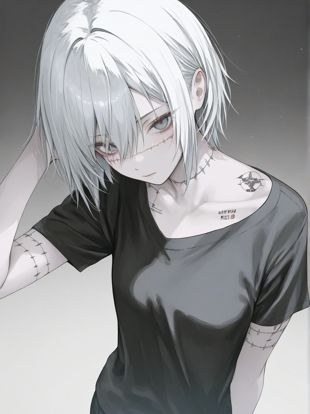 [soft-pastel-style] 1girl, cyberpunk, Jujutsu Kaisen style, original character in the world of Jujutsu Kaisen, Naruto style, original character in the world of Naruto, Demon Slayer style, original character in the world of Demon Slayer, teenager, tall, slim, white hair, off-white hair, short hair, gray eyes, scar, tattoo, pale skin