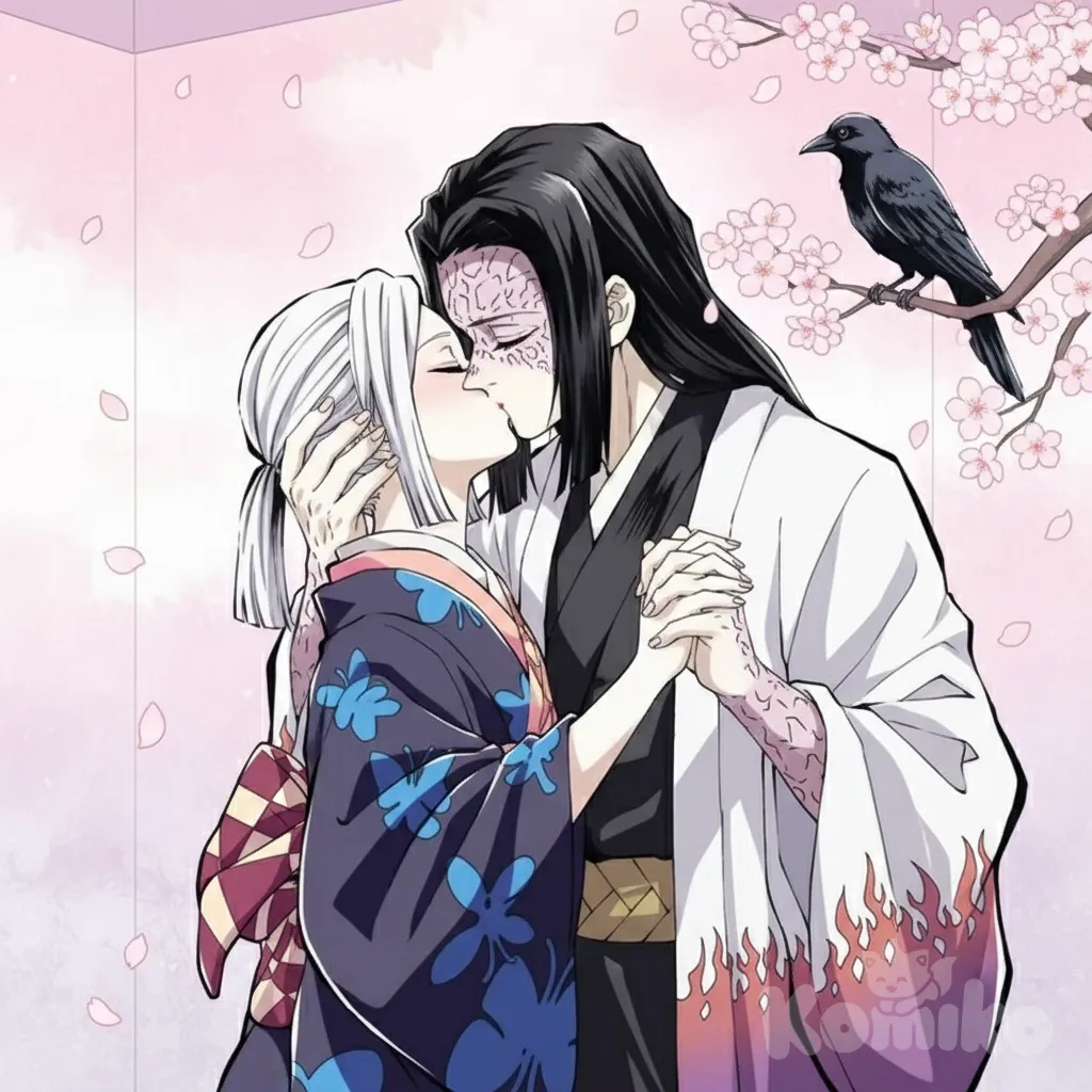 Alos a ellos besandose tiernamente fondo rosa ect respeta el estilo kimetzu no yaiba