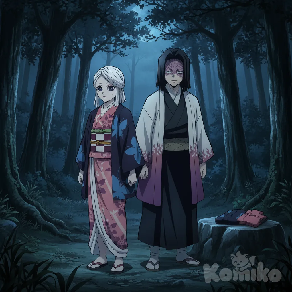 Los observan a ellos, la peliblanca de pie frente al peligro. Su expresión facial oscura refleja su nerviosismo, mientras que el pelinegro emite una vibra inquietante. Ambos están en un bosque durante la noche, con sus vestimentas completas al lado. Respeta el estilo kimetzu no yaiba , anime style