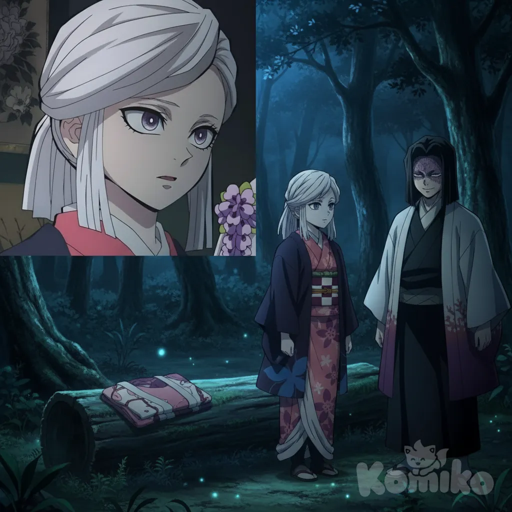 Los observan a ellos, la peliblanca de pie frente al peligro (osea de perfil ). Su expresión facial oscura refleja su nerviosismo, mientras que el pelinegro emite una vibra inquietante. Ambos están en un bosque durante la noche, con sus vestimentas completas al lado. Respeta el estilo kimetzu no yaiba , anime style