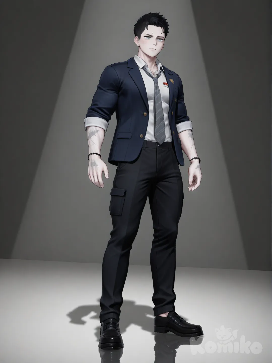[3d-anime-style] Внешность:

Рост: примерно 178–182 см; спортивное/атлетическое телосложение

Волосы: короткие тёмные

Глаза: холодные темно-серые

Кожа: светлая

Особенности: на коже и в одежде часто видны тонкие теневые узоры; манифестация Sacred Gear через тени вокруг рук

Стиль одежды: школьная форма в повседневном стиле; в бою — лёгкая броня из теневых материалов

Доп. детали: носит небольшие амулеты/браслеты, усиливающие контроль над тенями