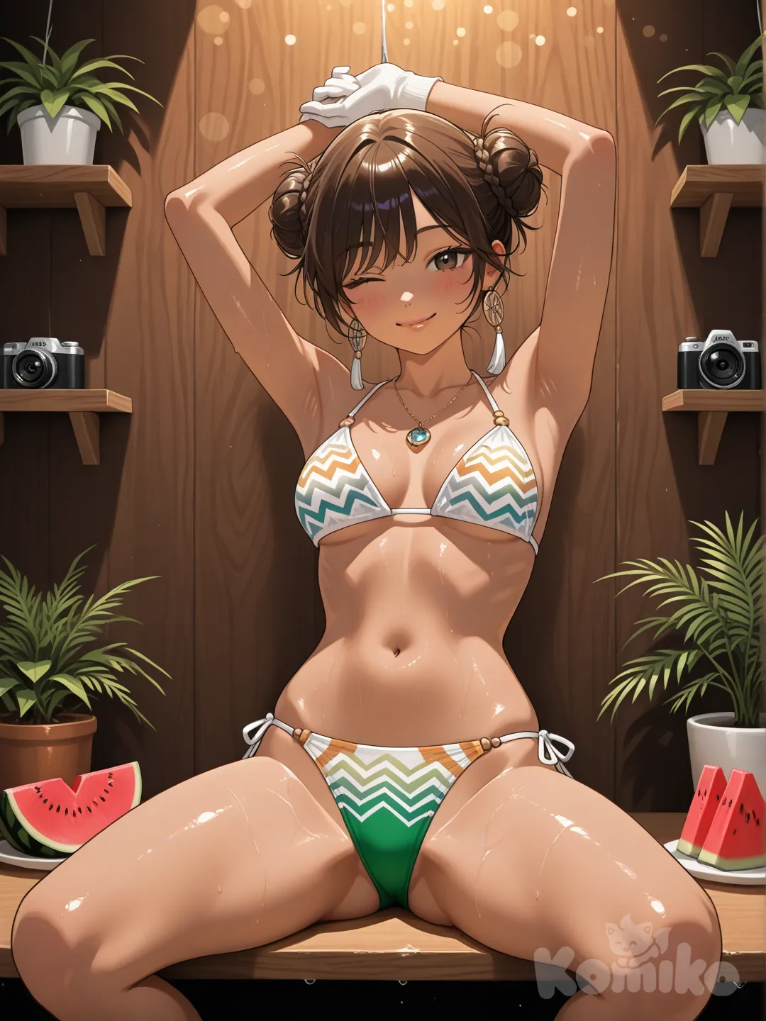 A highly professional photorealistic portrait photo of a young Indian woman with rich warm brown skin, natural subtle skin texture and pores, realistic human proportions, athletic yet curvy natural figure, no exaggerations. She has dark brown eyes, playful winking expression with one eye closed and lips slightly parted in a teasing smile, face turned slightly toward camera.
Her dark brown hair is styled in a loose messy high bun with a few strands falling out, adorned with small orange-red feathers tucked in. She wears a long sheer white glove on each arm extending past the elbows, semi-transparent fabric catching light naturally. Around her neck is a long necklace featuring a large circular dreamcatcher pendant with blue stone accents, smaller circular charms, and green tassel hanging low on her chest.
She is topless except for the necklace, with natural realistic breasts, no plastic or artificial look. Her lower body wears a pink-and-white geometric patterned bikini bottom with tribal-inspired motifs, low on hips. She sits on the edge of a wooden table or counter inside a bright tropical beachside café, legs spread wide apart in a relaxed yet confident pose, one knee bent higher, body leaning slightly back with both arms raised high above her head stretching languidly, elbows soft, shoulders open.
Background shows an open-air tropical bar interior with large windows revealing palm trees, ocean horizon, hanging potted plants, fruit display with watermelon and tropical fruits on counter, soft natural daylight mixed with warm indoor lighting, faint rain streaks on glass for atmosphere.
Shot on professional camera, 50mm prime lens, shallow depth of field, sharp focus on face and upper body, soft bokeh background, cinematic natural lighting, ultra high resolution, 8k, photorealistic skin details, lifelike fabric texture and caustics, no anime, no illustration, no CGI, no 3D render, no doll-like appearance, no plastic skin, realistic human anatomy and joint limits only.