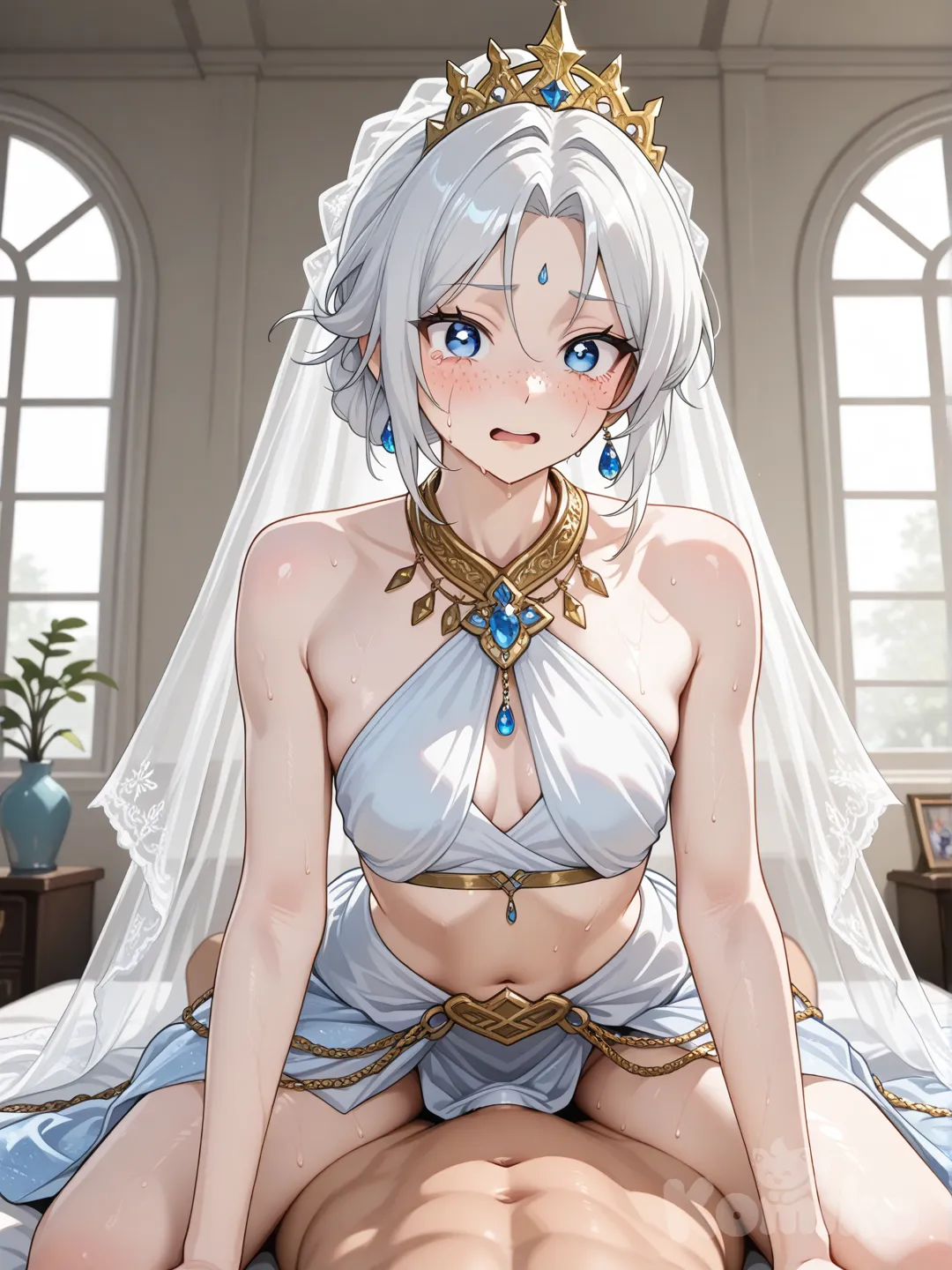 A ultra-realistic professional photograph of a young adult woman with pale skin, silver-white hair tied in a neat bun, wearing a golden crown tiara, a sheer white bridal veil draped over her shoulders, a turquoise blue halter top with golden chain accents and dangling ornaments, a matching turquoise skirt partially pulled aside, and a golden necklace with a blue gem pendant. She is lying prone on a white-sheeted bed in a dimly lit bedroom, her body positioned from behind with her hips slightly raised, one hand gripping her buttocks to expose her intimate area, while a male hand from an unseen partner grips the other buttock, showing a close-up view of penile penetration in a natural, consensual intimate act. Her face is turned slightly over her shoulder, with a flushed expression of surprise and pleasure, mouth slightly open, eyes wide and teary, subtle sweat on her skin. The scene captures realistic human anatomy with natural proportions, soft muscle tone, and subtle skin imperfections like pores and freckles. Photographed with a 85mm lens for intimate depth of field, natural soft morning light filtering through a window, high-definition detail as in a professional erotic photoshoot, sharp focus on the central action with slight background blur. Negative prompt: anime style, cartoonish features, exaggerated body proportions, oversized eyes or head, unnatural skin smoothness, doll-like appearance, 3D rendering, CGI effects, video game aesthetics, plastic texture, over-sexualized distortions, illustration or digital painting.