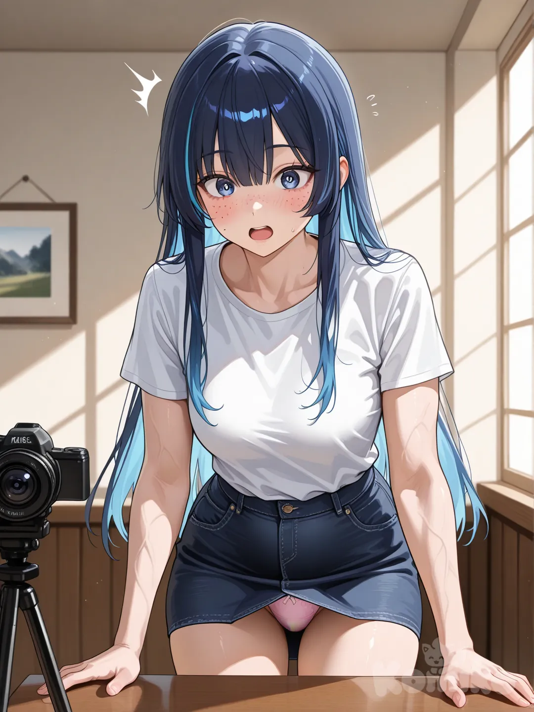 A highly ultra-realistic professional photograph of a young adult woman with long straight light blue dyed hair, fair skin, natural blue eyes, subtle blush on cheeks, and a surprised expression with slightly open mouth and wide eyes, captured in a three-quarter back view. She is leaning forward naturally over a simple wooden desk, with one hand resting on the surface for balance, her posture relaxed and physically plausible. She wears a casual white cotton t-shirt that fits loosely, a dark blue denim mini-skirt hiked up slightly at the back revealing light pink cotton panties with a subtle natural bulge in the front crotch area, and no other accessories. The scene is set in a softly lit indoor room with pink-toned walls and natural daylight filtering in, creating gentle shadows and highlights. Shot with a 85mm prime lens on a full-frame DSLR camera, shallow depth of field focusing sharply on her figure while softly blurring the background, high resolution 8K, realistic human skin textures with minor imperfections like pores and subtle freckles, accurate human proportions with natural body curves, muscles, and joint movements.