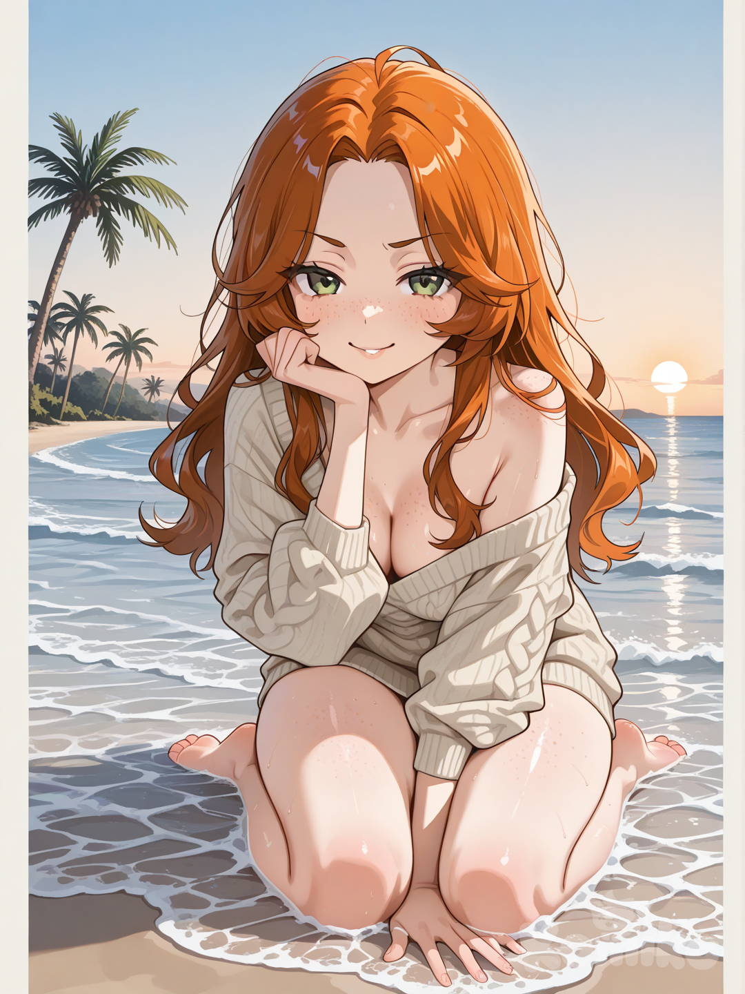 A woman of 32 years old, petite height around 1.53 m, natural redhead with warm auburn hair, wavy and voluminous, healthy natural texture, length just below the shoulders, slightly messy in a charming way, straighter at the roots and softly wavy at the ends framing her face. Round soft face with delicate feminine features, perfectly proportioned, serene and neutral expression conveying calm mature sensuality. Fair clear skin with authentic delicate freckles scattered mainly across nose, cheeks, forehead and shoulders, also visible on upper chest, arms and collarbone, natural pores and subtle real skin imperfections visible throughout the body. Medium hazel eyes (brown with slight green undertone), deep and magnetic direct gaze. Thick natural full arched eyebrows framing the eyes sensually. Small straight proportional nose harmonious with round face. Medium naturally shaped soft inviting lips with gentle outline and natural rosy color.

Petite compact body with soft natural realistic feminine proportions, subtle hourglass silhouette. Small discreet natural breasts, low volume, rounded and gentle shape with delicate natural droop following the torso line, medium-small slightly protruding erect nipples with rounded firm tips, small well-defined circular areolas, lightly textured with subtle natural bumps, soft pale rosy color, no strong pigmentation. Soft natural slightly plush abdomen, mostly flat with subtle feminine soft belly, no forward projection. Wide curvy hips creating defined waist accentuating sensual hourglass shape. Thick fleshy voluminous thighs with soft natural texture. Delicate smooth arms and shoulders with visible freckles, compact proportions matching short stature. No cosmetic enhancements, completely authentic real-woman appearance.

She is lying prone on a bed facing the camera, propped up on her elbows, chin resting on interlaced hands, playful gentle smile, looking directly at the viewer with calm magnetic eyes. Legs bent at the knees, feet raised playfully in the air behind her showing soles, toes relaxed. Wearing a loose open beige cable-knit cardigan sweater slipping off one shoulder exposing bare skin, no bra underneath, deep cleavage visible with natural breast shape and erect nipples subtly pressing against the open fabric. Background is a tropical beach at golden hour sunset, turquoise clear shallow water, white sand, palm trees swaying gently, warm cinematic natural light filtering softly into the scene creating gentle shadows and highlights on skin and fabric.