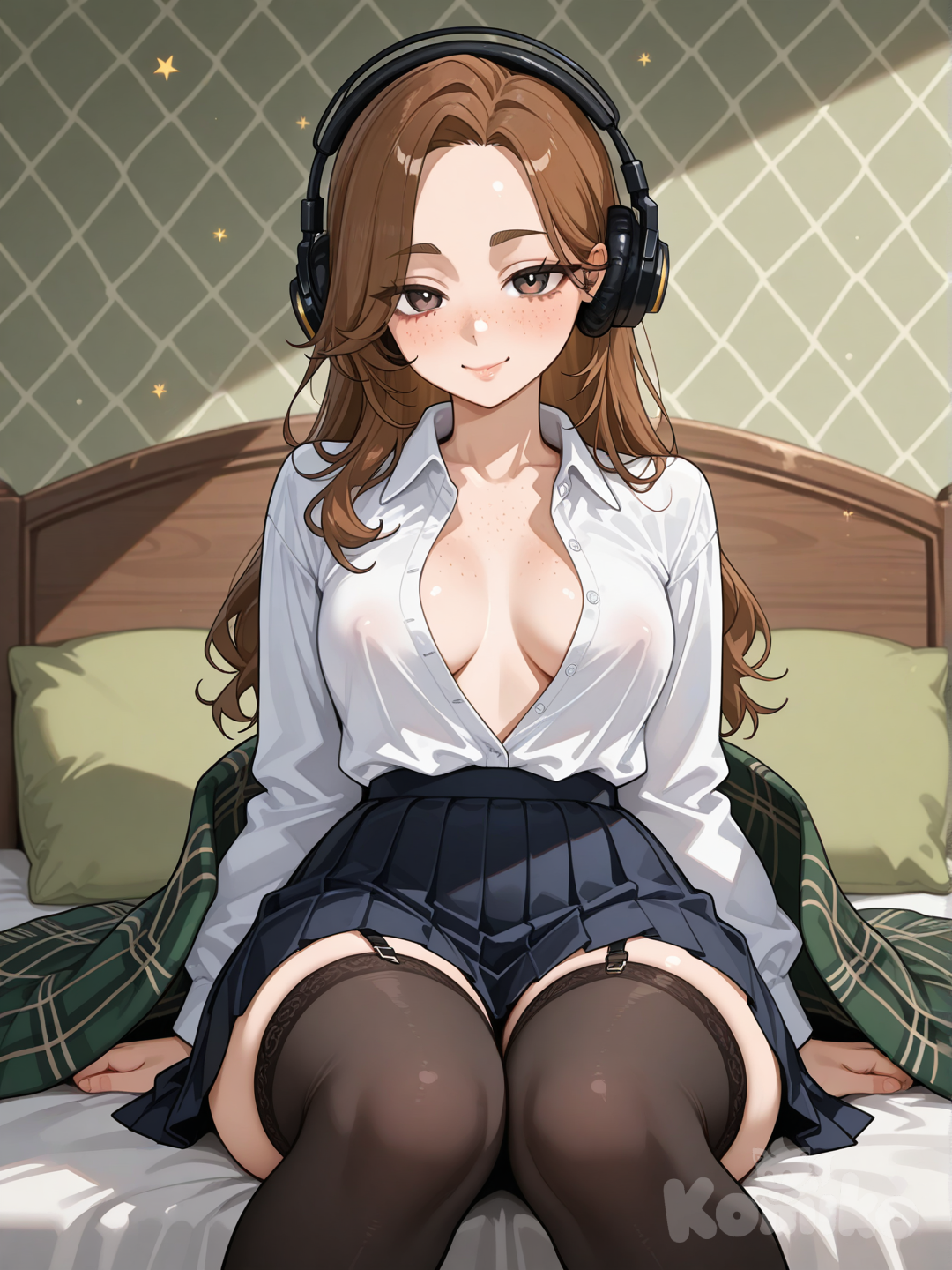 A highly professional photograph of a 32-year-old petite Latina woman, 1.53m tall, sitting casually on a bed with green pillow and dark plaid blanket background, natural indoor daylight lighting mixed with soft cinematic shadows, shot on 85mm prime lens at f/1.8, shallow depth of field, ultra-realistic skin texture with visible pores, authentic freckles densely scattered across nose, cheeks, forehead, shoulders and upper chest. She has shoulder-length wavy reddish-brown hair with warm tones, healthy natural texture, slightly tousled and voluminous, framing her soft round face. Hazel eyes with greenish undertones, deep and magnetic direct gaze, thick natural arched eyebrows, small straight nose, medium naturally rosy lips with soft contour. Calm mature serene expression with subtle sensuality. Wearing a slightly oversized white cropped school uniform blouse unbuttoned and pulled open exposing bare breasts, red star emblem on left chest, paired with very short black pleated skirt hiked up, black thigh-high stockings with garter details, large black over-ear headphones resting on neck. Small natural breasts with delicate rounded shape, natural soft hang, medium-small slightly erect nipples with rounded tips and subtle firmness, small well-defined areolas light rosy-pink with gentle granular texture. Soft natural belly with light feminine curve, no harsh definition. Wide curvy hips, thick soft voluptuous thighs pressed together in seated position with knees up and feet flat on bed, compact delicate arms resting on knees.