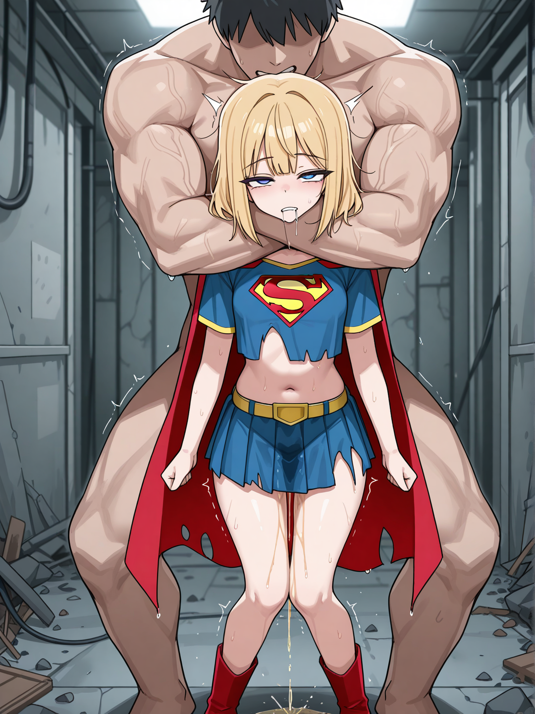 NSFW, illustration, [toon-shaded-style],
1 main character and 1 supporting character, full body, depth of field, 廃工場

interaction: characters standing close together, depth separation, one grabbing another's neck from behind, one lifting another,

@supergirl-lily-q02N,
main character,
in the foreground, 
teenage girl, middle height, blonde, small chest, bruise, short sleeves blue shirt with supergirl emblem, shirt overhang, ripped shirt, wet blue skirt, ripped skirt, red boots, arms at sides, knees together feet apart, being grabbed neck, being lifted completely off the ground, feet clearly not touching the ground, suspended in air, half-closed eyes, rolling eyes, parted lips, vigorous foaming at the mouth, twitching legs, urine-soaked ground,

@ yankee-boy-f4e1 , supporting character, faceless, standing in the background, 
adult young boy, tall, grabbing another's neck, lifting another character