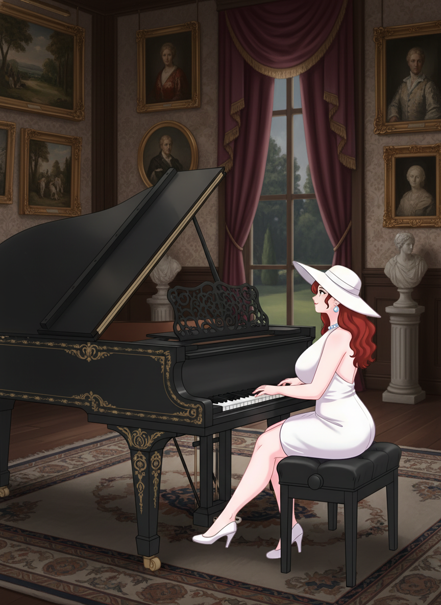 Screenshot_2025-10-22-11-17-08-184_com.miui.gallery

Dibuja solo a la mujer en la misma posición, sentada tocando un piano, pero en un salon real elegante, cuadros y esculturas inglesas. Cambia el piano por uno más elegante. Remueve la imagen del hombre , anime style