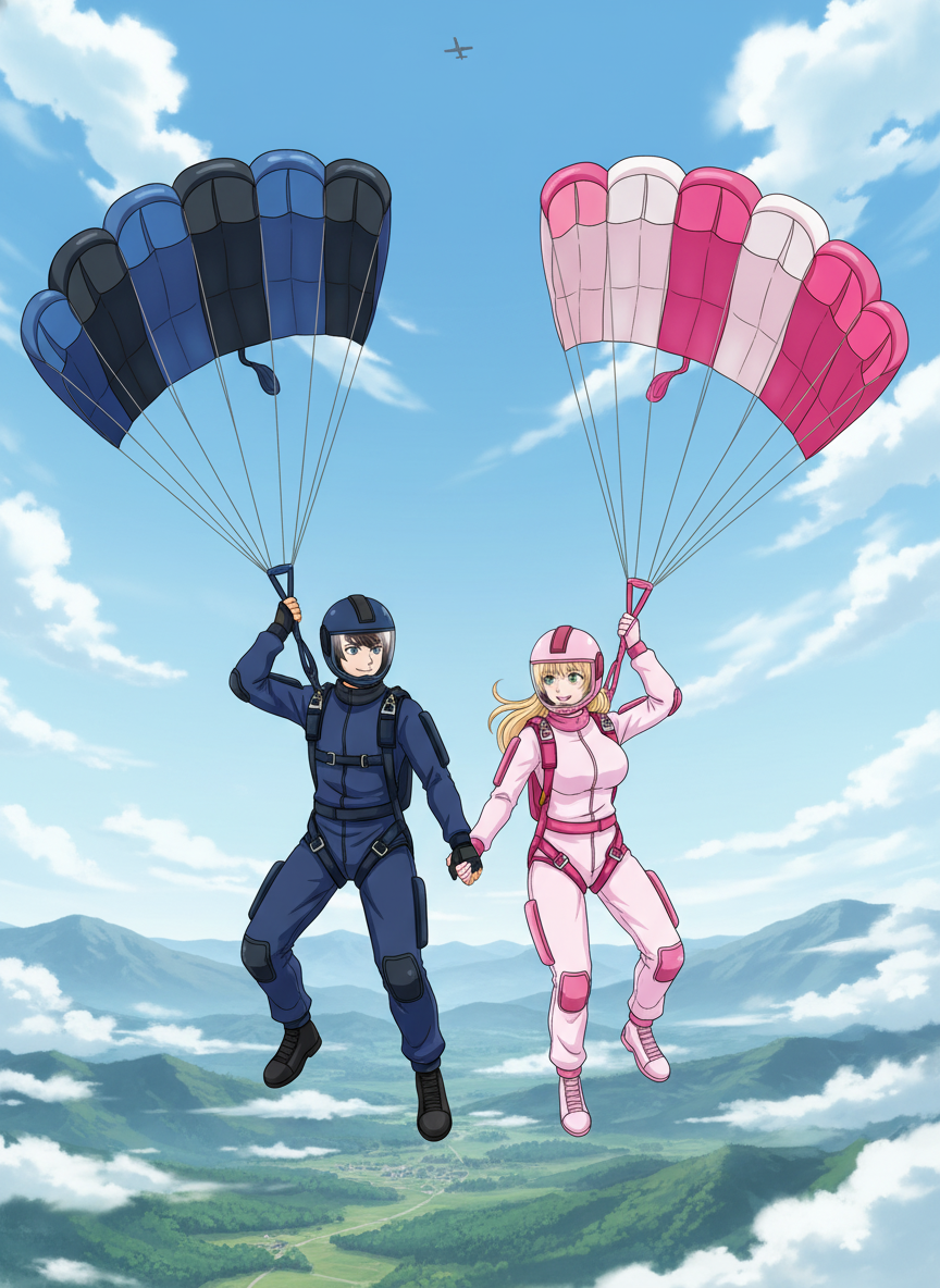 Dibujalos saltando desde un avión en paracaídas, tomados de las manos, con ropas de paracaidistas. Conserva ambos diseños originales en rostros, color de ojos y cabellos. , anime style