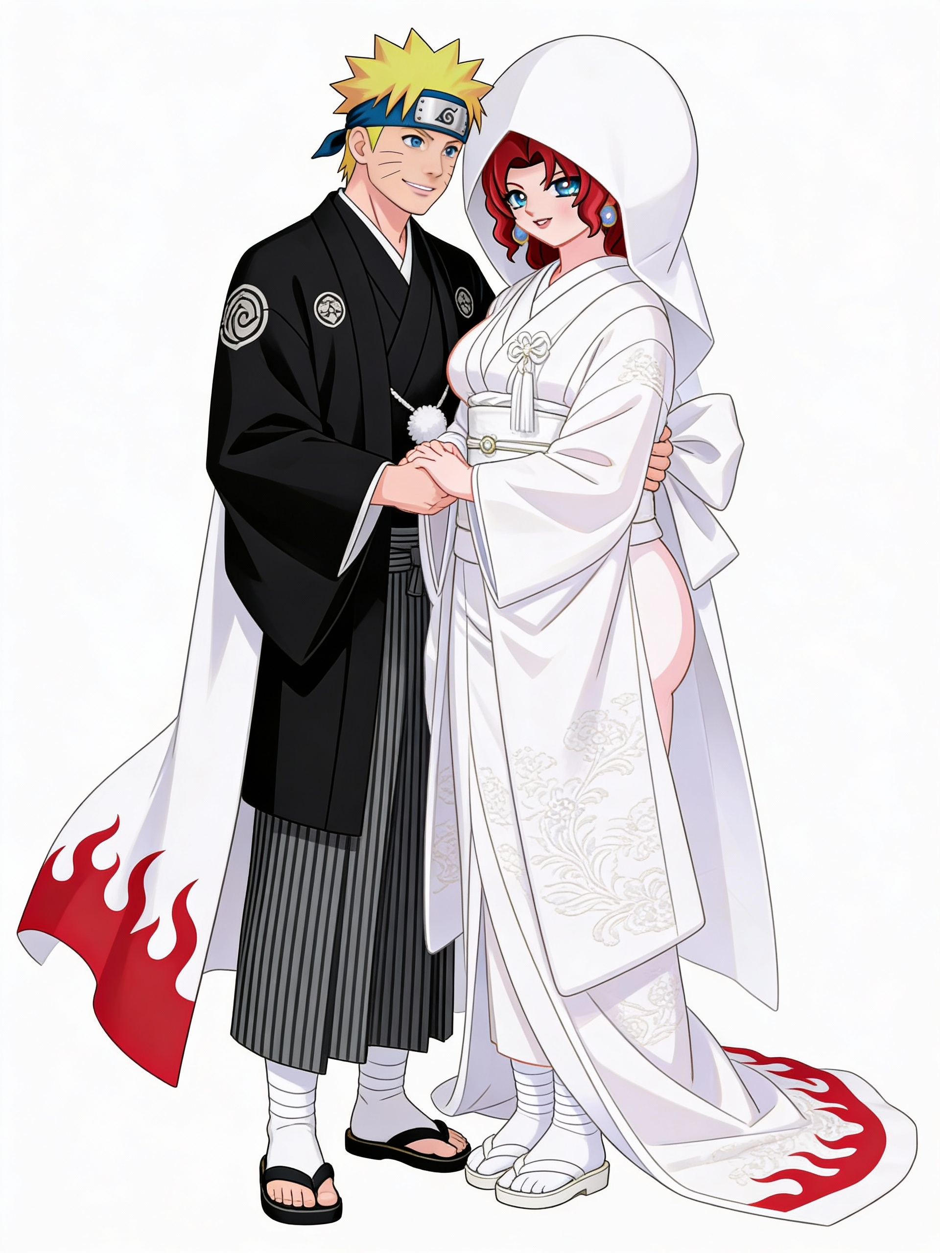 Dibujo anime estilo 2d, LineArt fino, cel shading, paint simple, ultra HD, maxima calidad, no background,
Based strictly on reference drawings for the female body and proportions, maintaining her exact voluptuous figure: A bride and groom in anime style standing close together in a romantic wedding pose, arm in arm with linked elbows, both fully facing forward towards the viewer, looking tenderly at each other, three-quarter view at most but primarily front-facing, full body from head to toe, highly the bride dressed in traditional pure white shiromuku kimono with subtle intricate embroidery, layered white uchikake outer coat flowing elegantly, wide white obi sash tied in a large bow, white tabi socks and white zori sandals, head covered by a large domed white wataboshi hood, the groom dressed in formal black montsuki kimono with family crests on the shoulders and chest, black haori jacket, striped black-and-gray hakama pants, white tabi socks and black geta sandals, wearing a long flowing white Hokage cloak over everything with distinctive red flame patterns along the bottom hem, soft romantic lighting, clean plain background, intricate fabric textures, quality